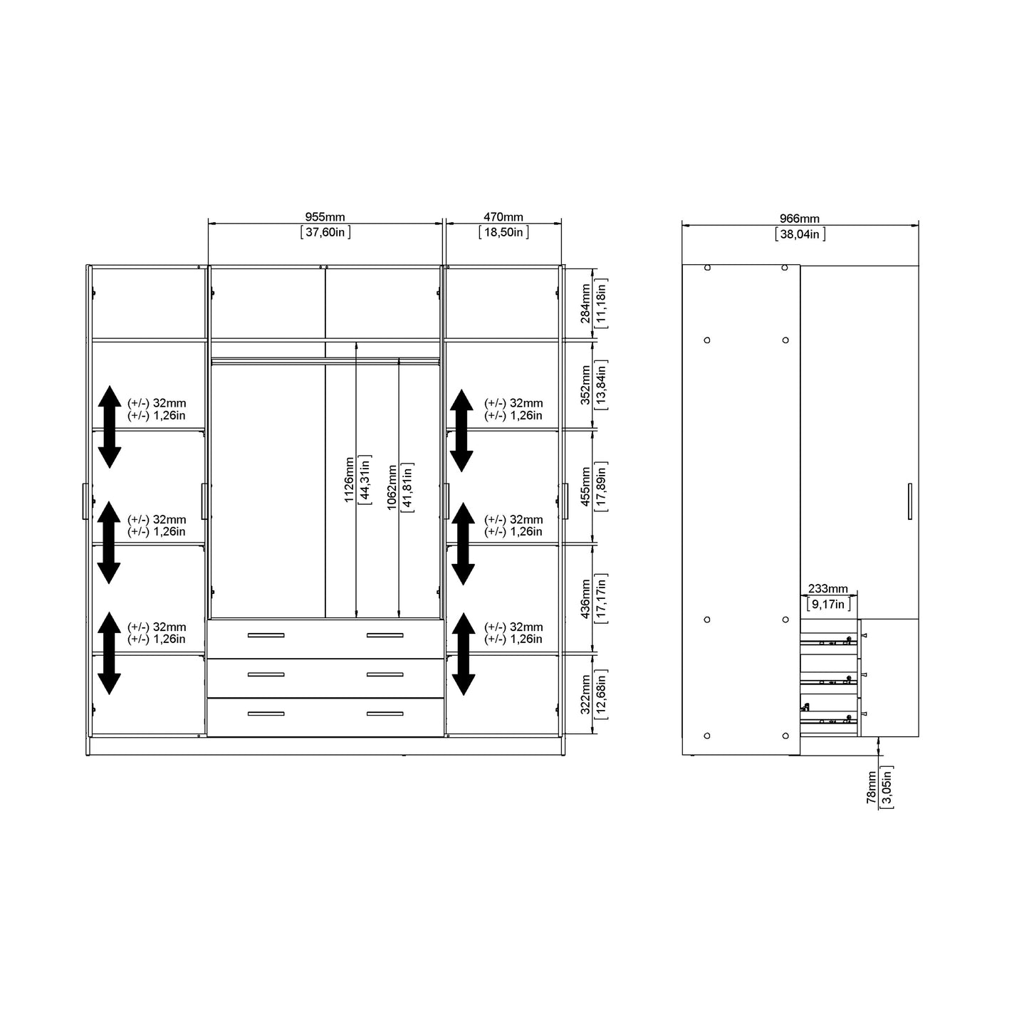 Sprint Wardrobe with 4 Doors + 3 Drawers in Cashmere
