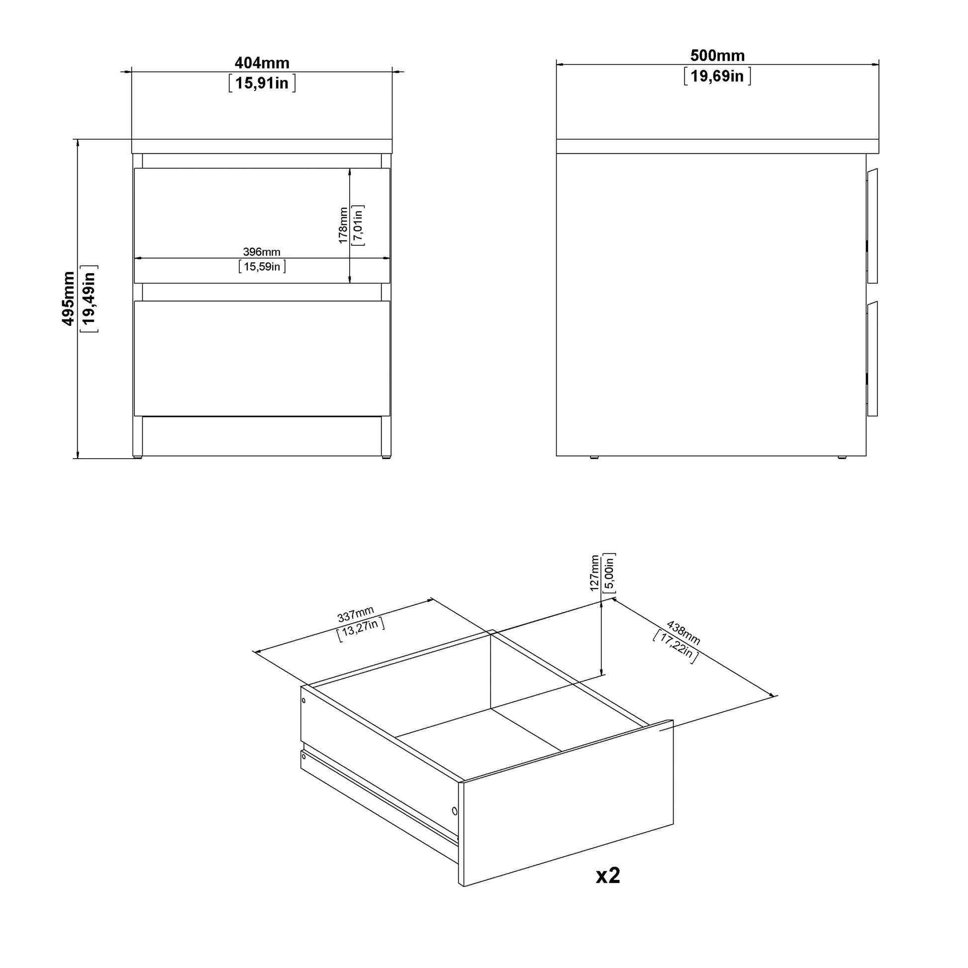 Naia Bedside 2 drawers in White high gloss