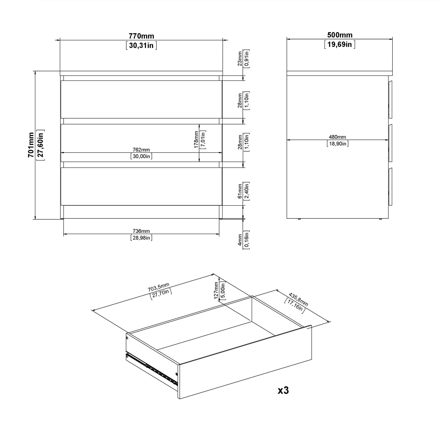 Naia Chest of 3 Drawers in Cashmere