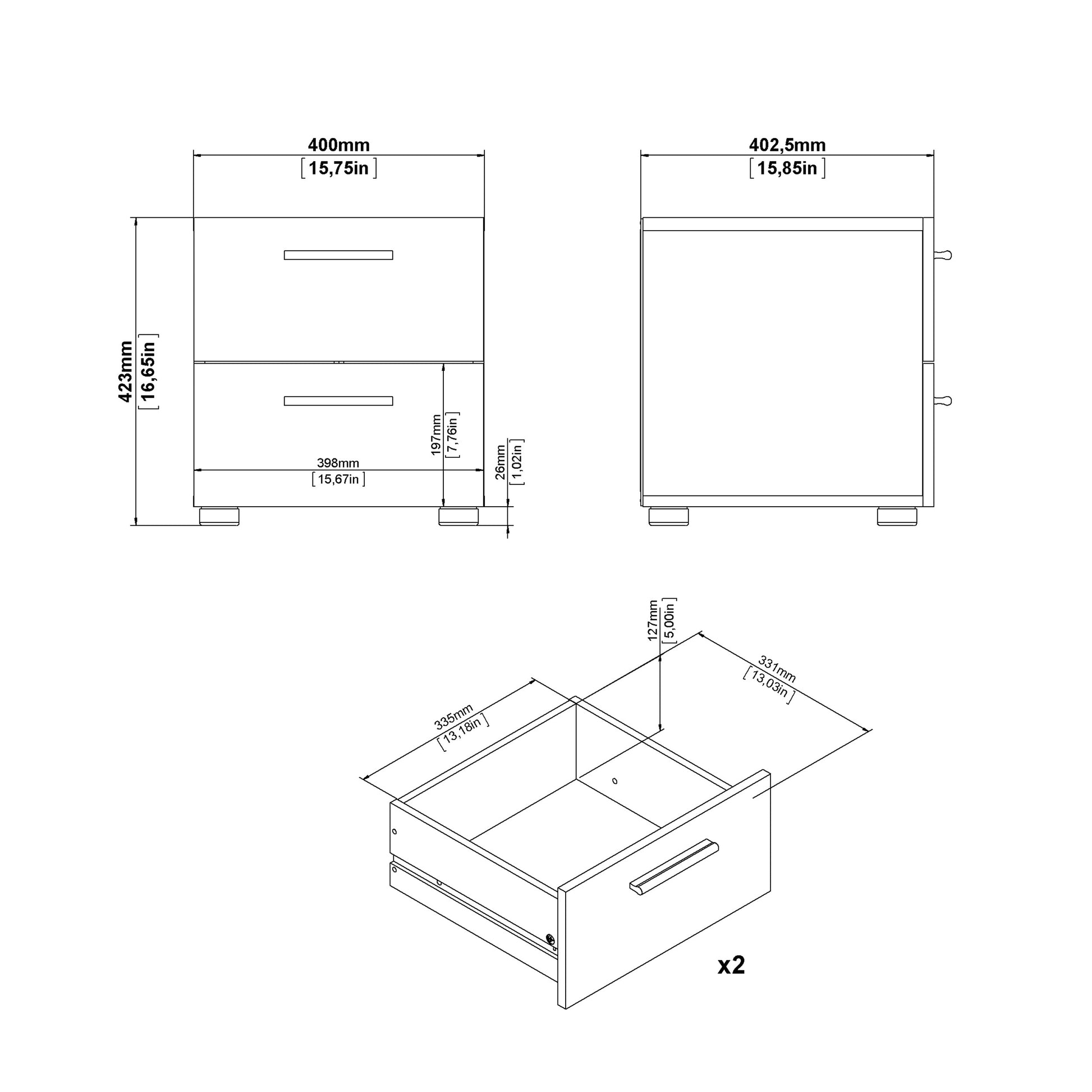 Pepe Bedside 2 Drawers in Black