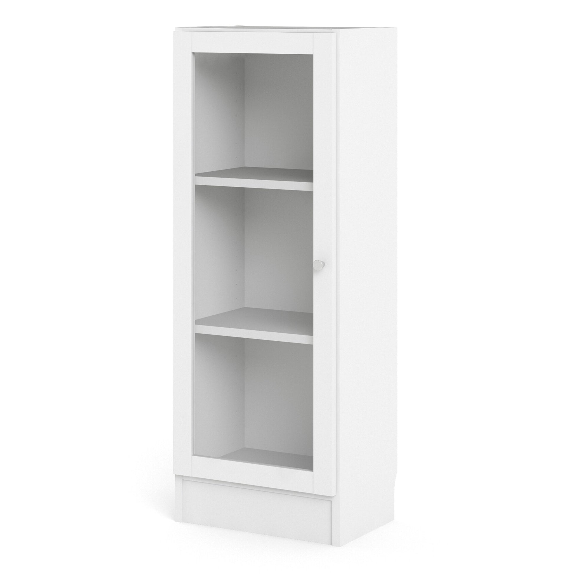 Basic Low Narrow Display Cabinet in White (2 Shelves) with Glass White Door