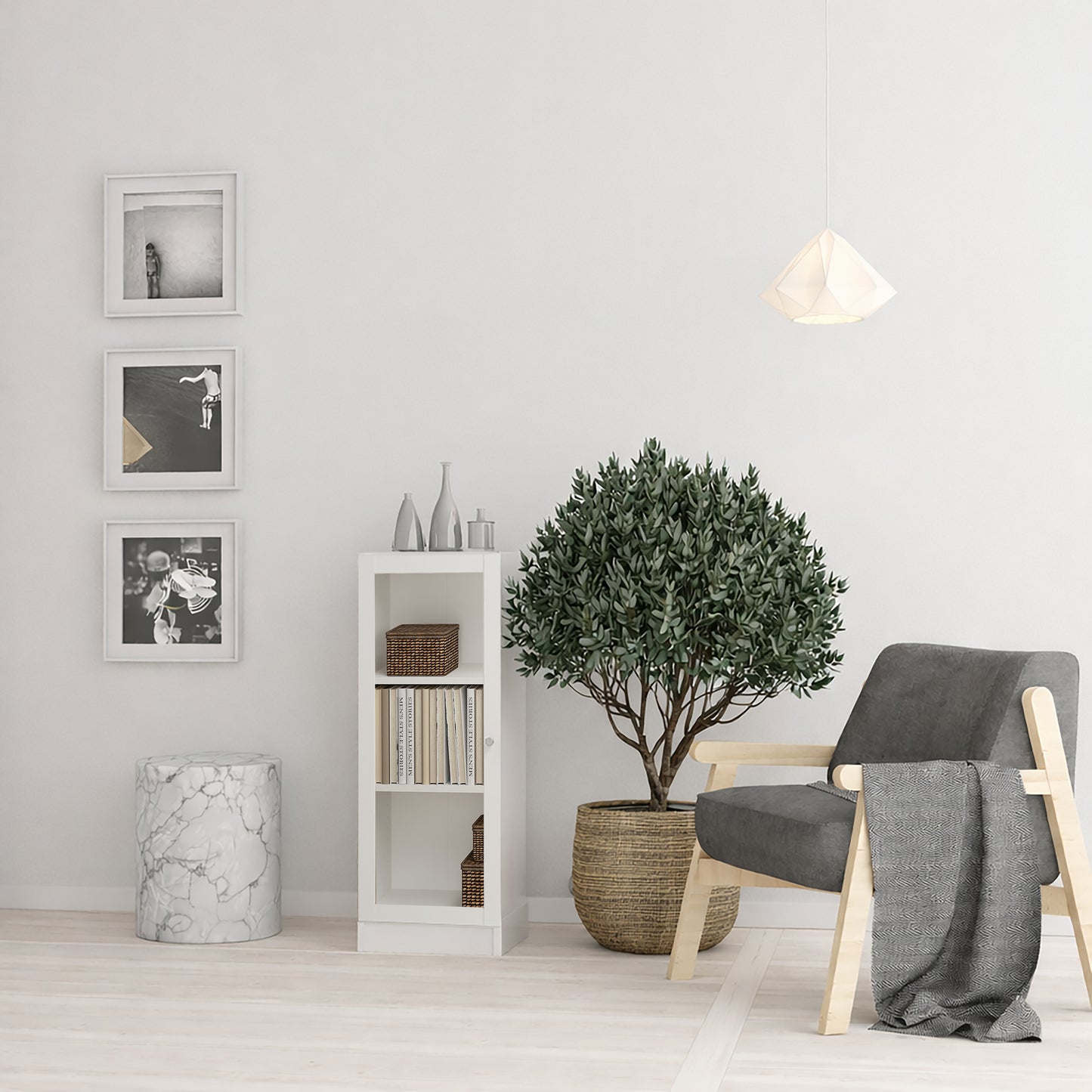 Basic Low Narrow Display Cabinet in White (2 Shelves) with Glass White Door