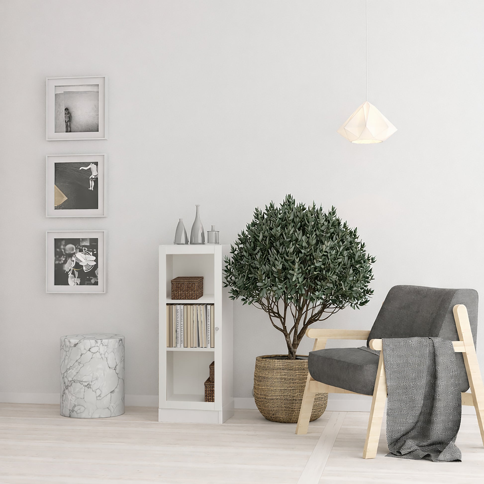 Basic Low Narrow Display Cabinet in White (2 Shelves) with Glass White Door