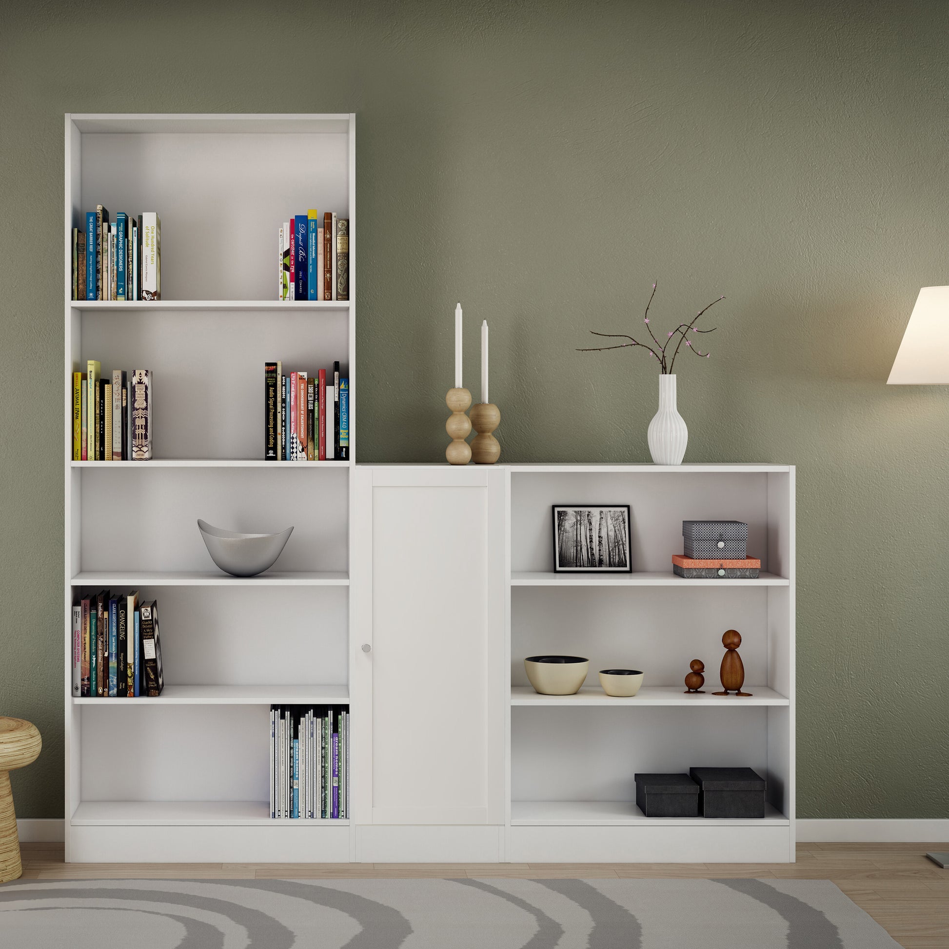 Basic Low Narrow Storage Cabinet in White (2 Shelves) with White Door