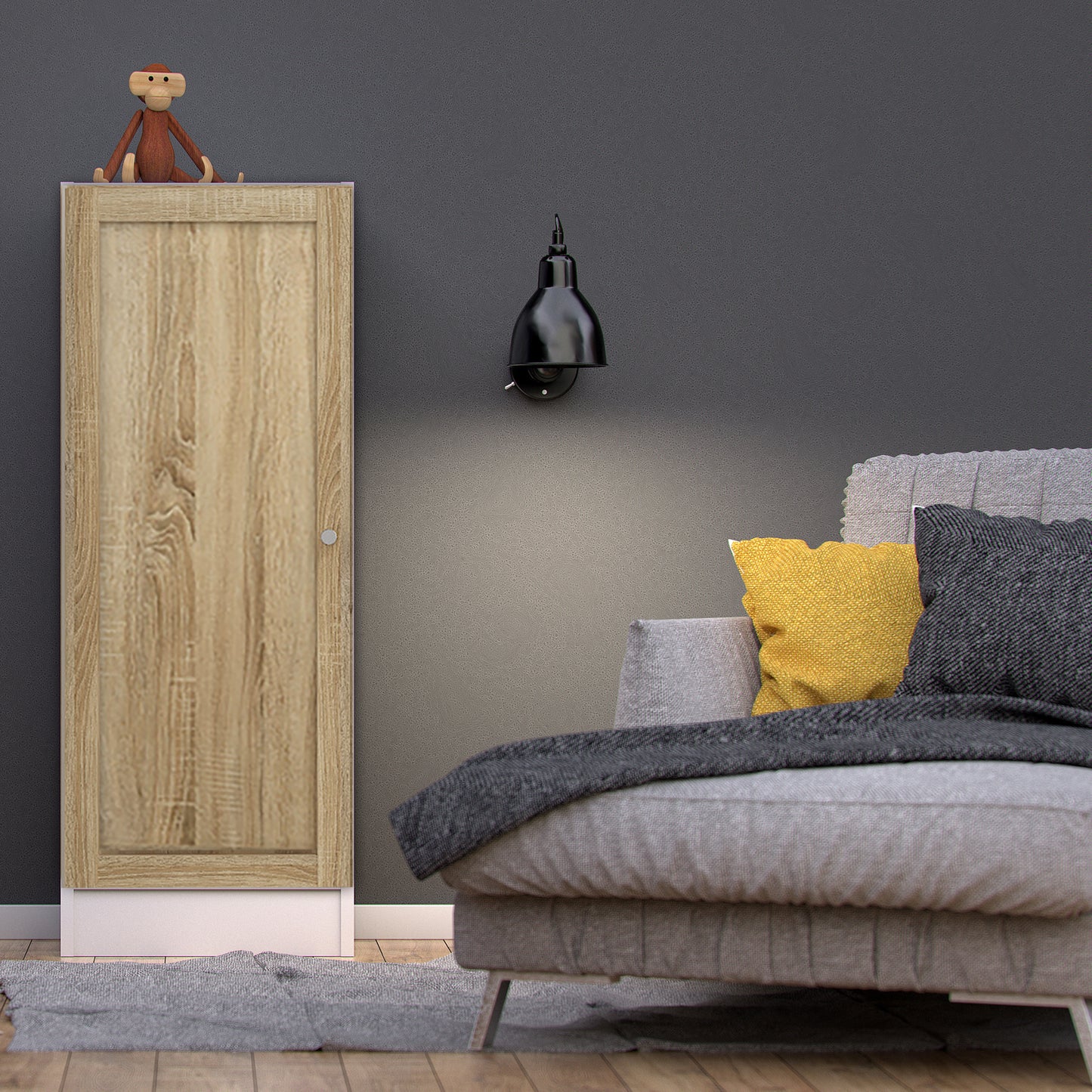 Basic Low Narrow Storage Cabinet in White (2 Shelves) with Oak Door
