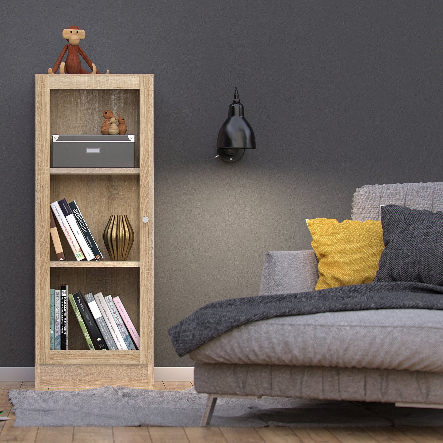 Basic Low Narrow Display Cabinet in Oak (2 Shelves) with Glass  Oak Door