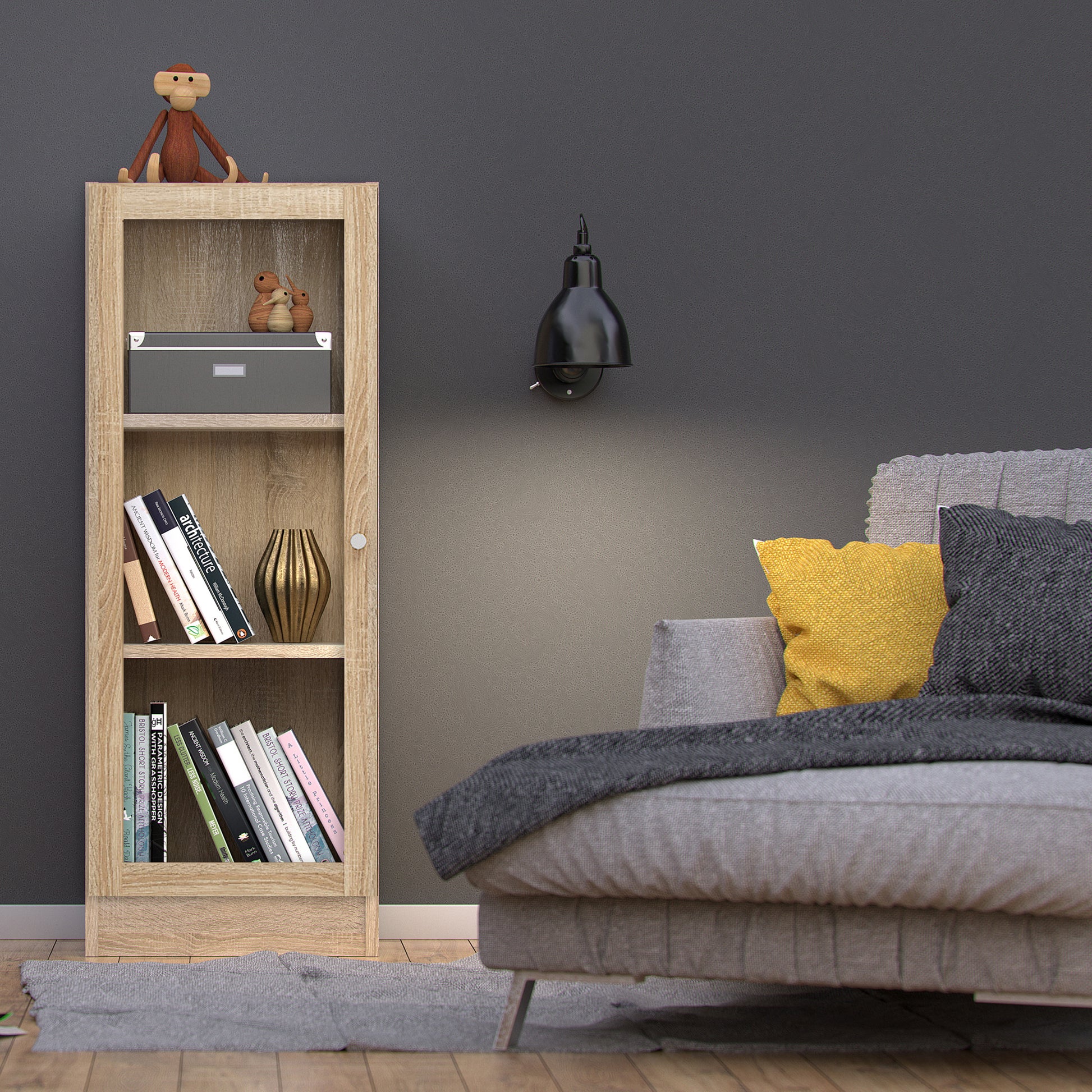 Basic Low Narrow Display Cabinet in Oak (2 Shelves) with Glass  Oak Door