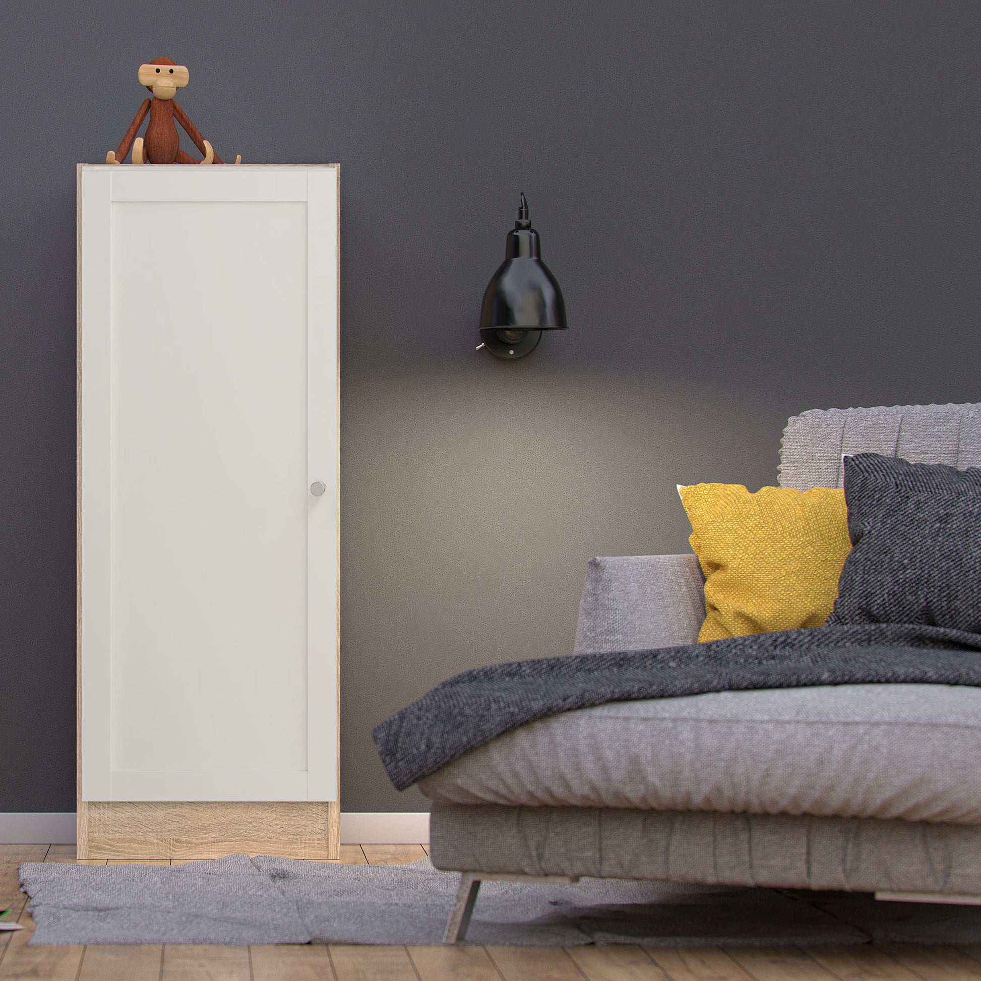Basic Low Narrow Storage Cabinet in Oak (2 Shelves) with White Door