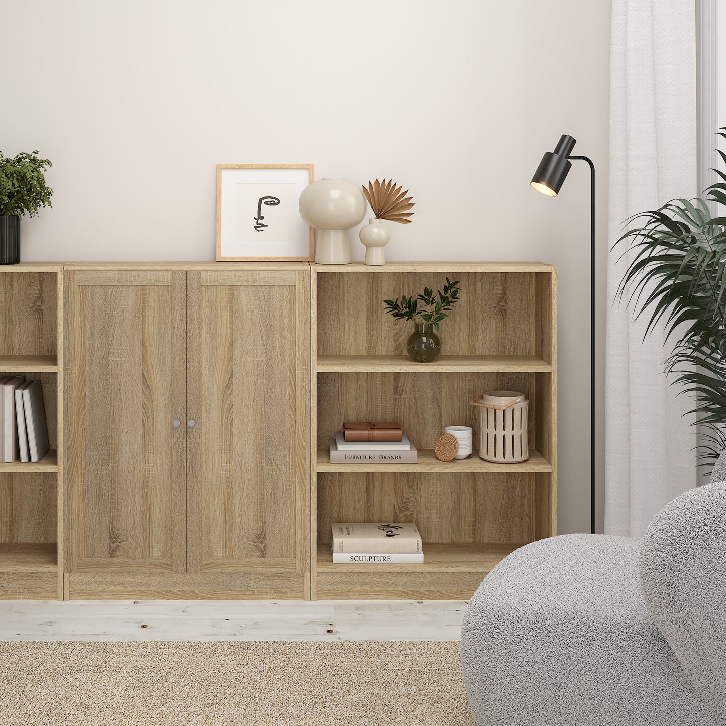 Basic Low Narrow Storage Cabinet in Oak (2 Shelves) with Oak Door