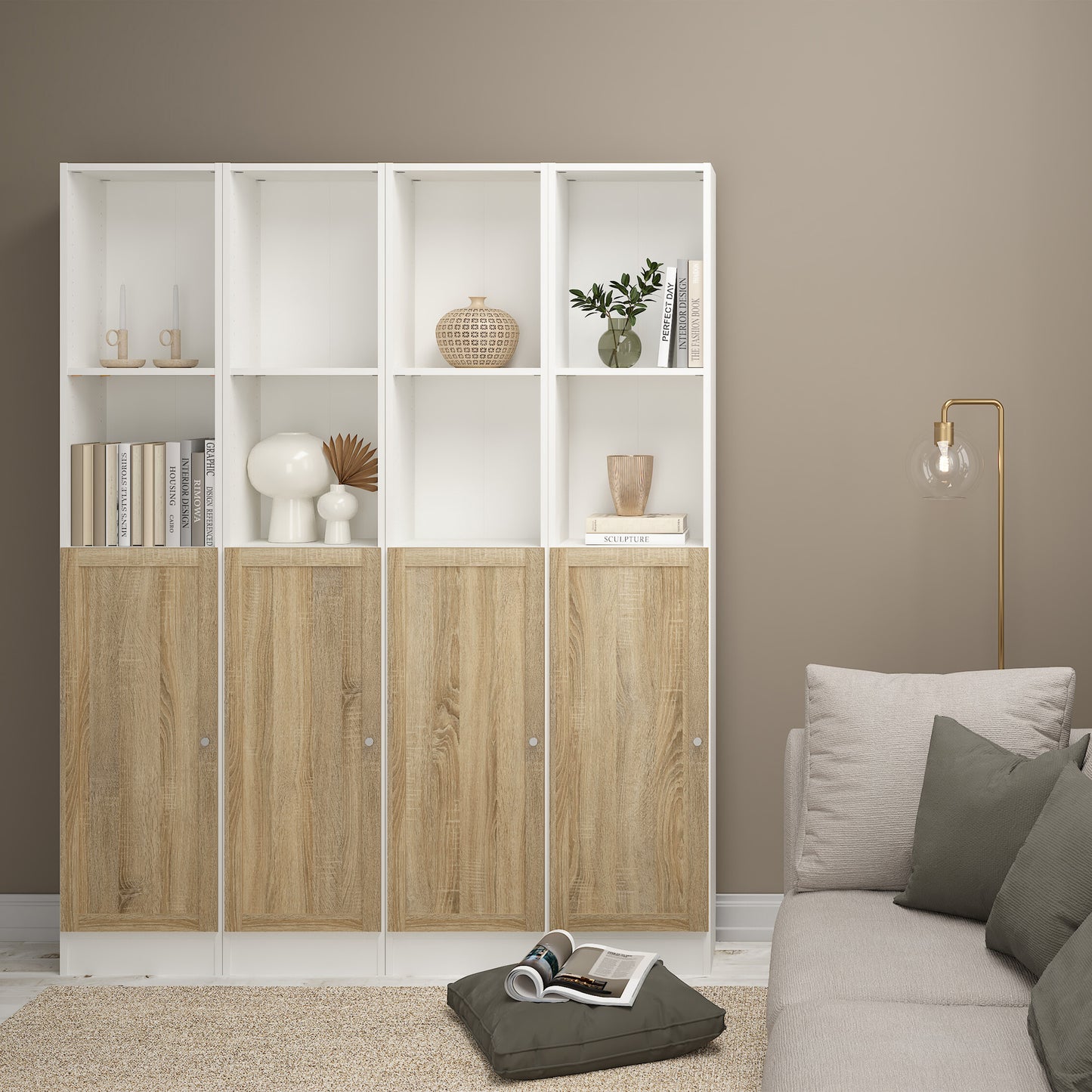 Basic Tall Narrow Combination Storage Bookcase in White (4 Shelves) with Glass Oak Door