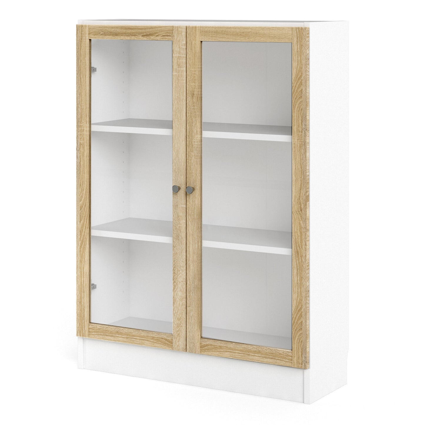 Basic Low Wide Display Cabinet in White (2 Shelves) with 2 Glass Doors in Oak