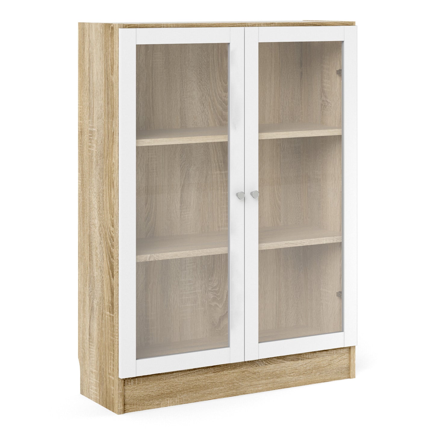 Basic Low Wide Display Cabinet in Oak (2 Shelves) with 2 Glass Doors in White