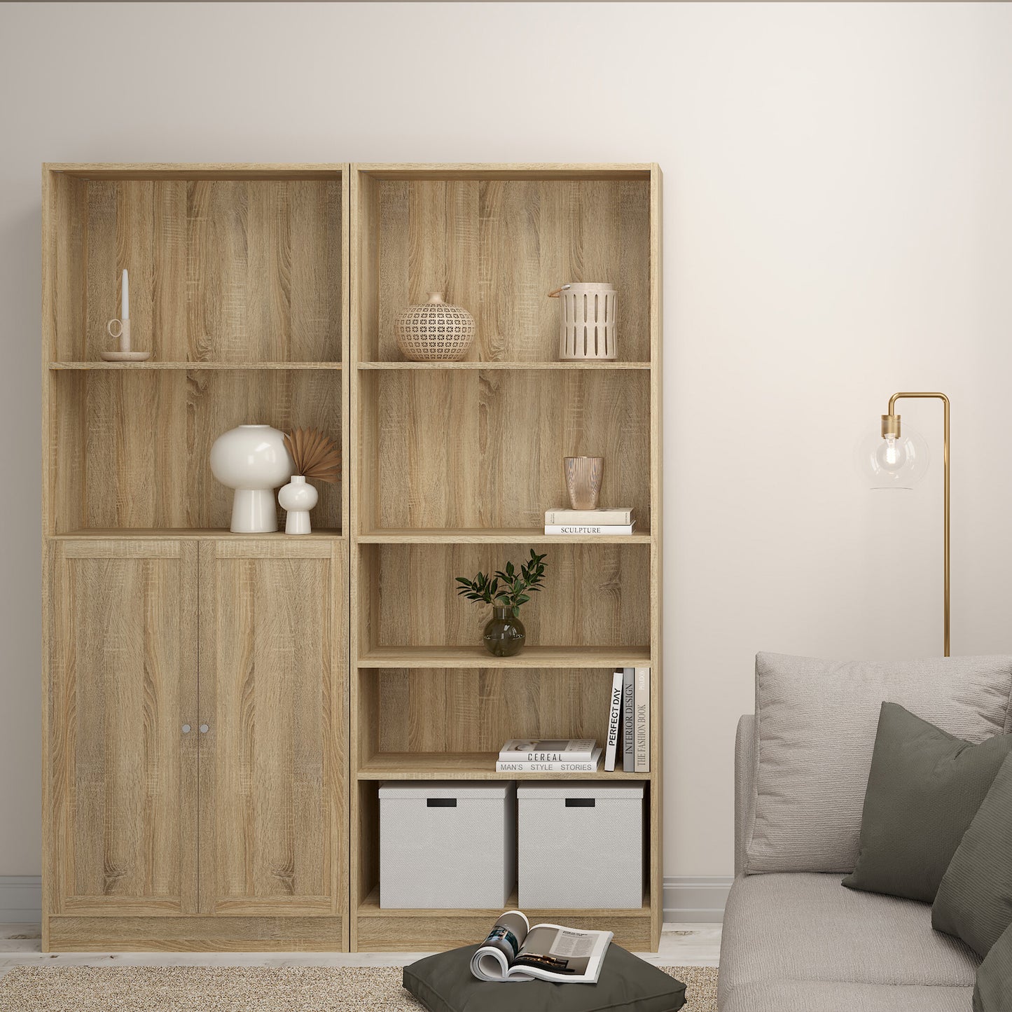 Basic Tall Wide Combination Storage in Oak (4 Shelves) with 2 Oak Doors