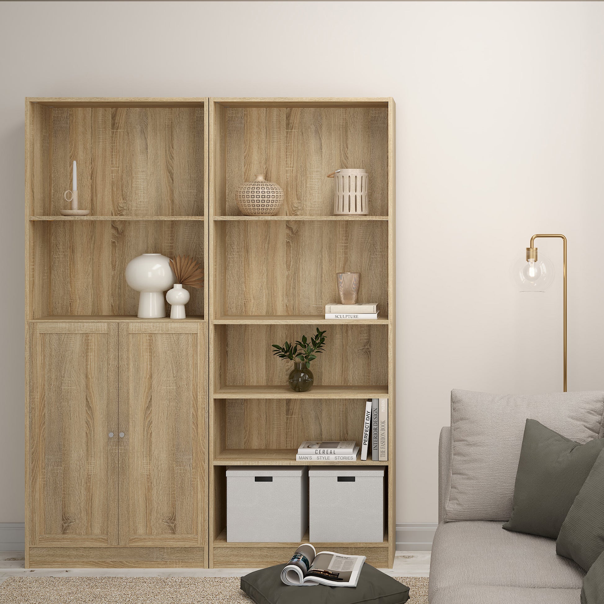 Basic Tall Wide Combination Storage in Oak (4 Shelves) with 2 Oak Doors
