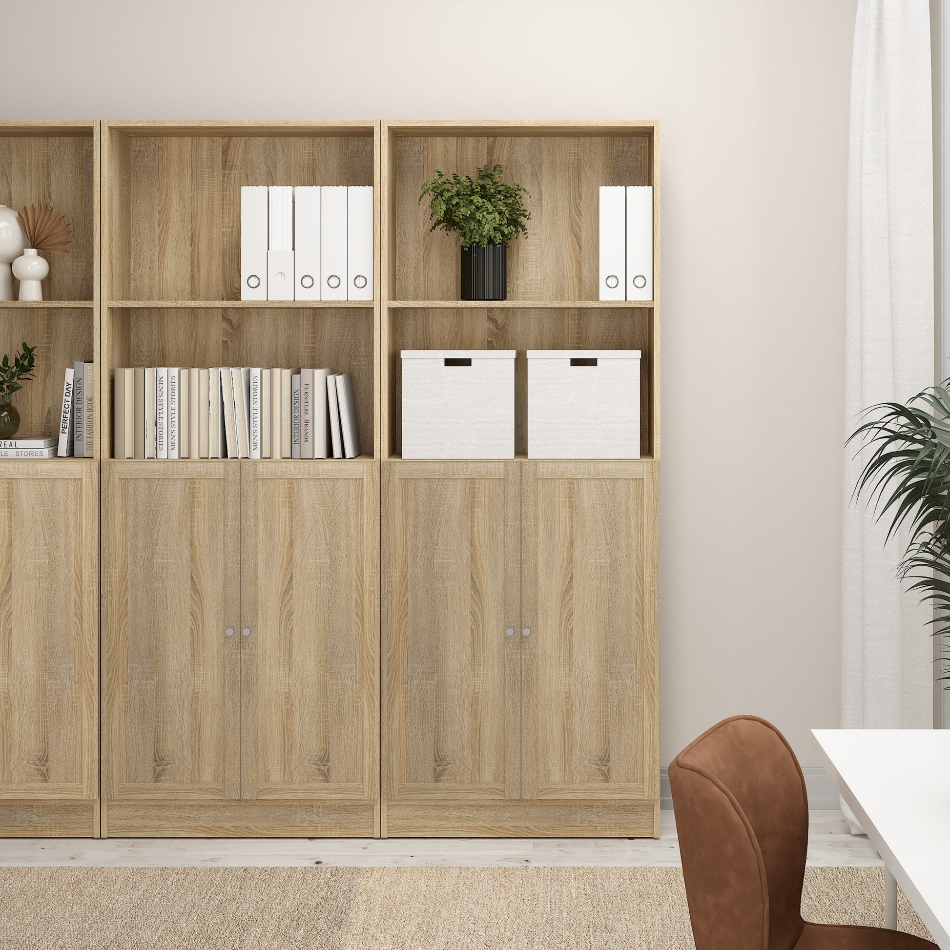 Basic Tall Wide Combination Storage in Oak (4 Shelves) with 2 Oak Doors