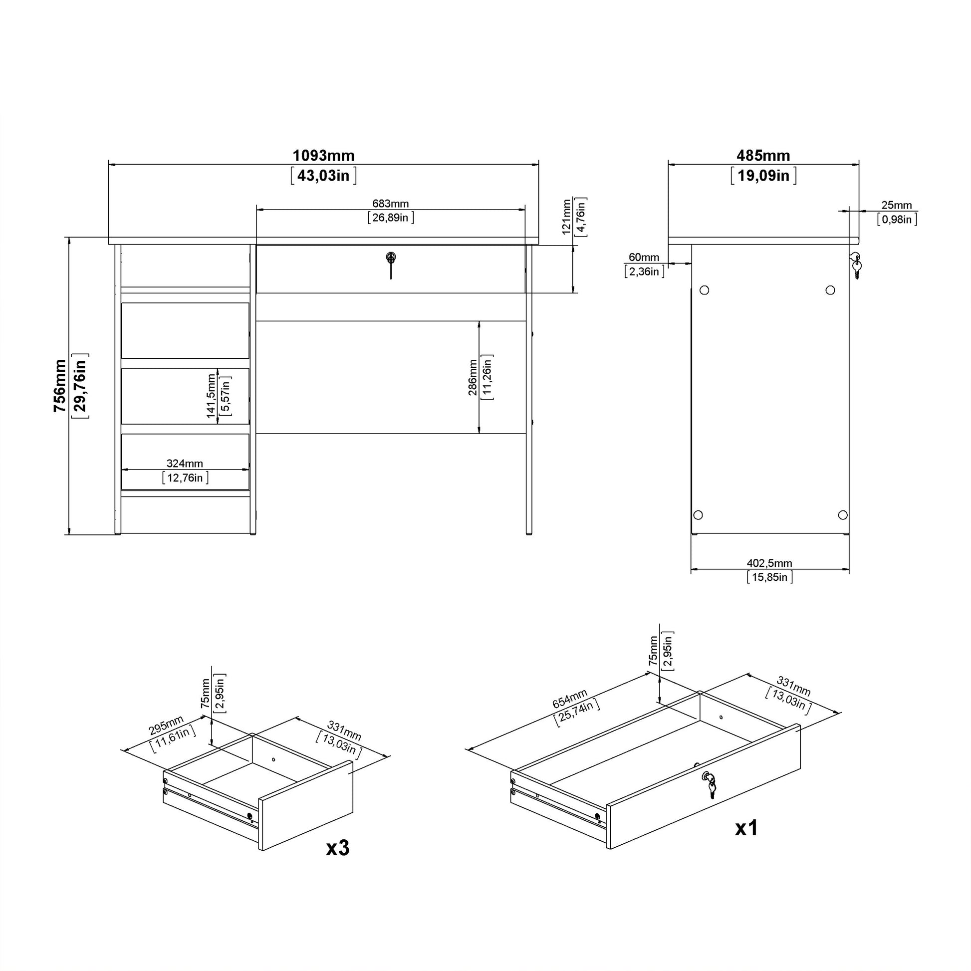 Function Plus 4 Drawer Desk Handleless Drawer in Jackson Hickory Oak