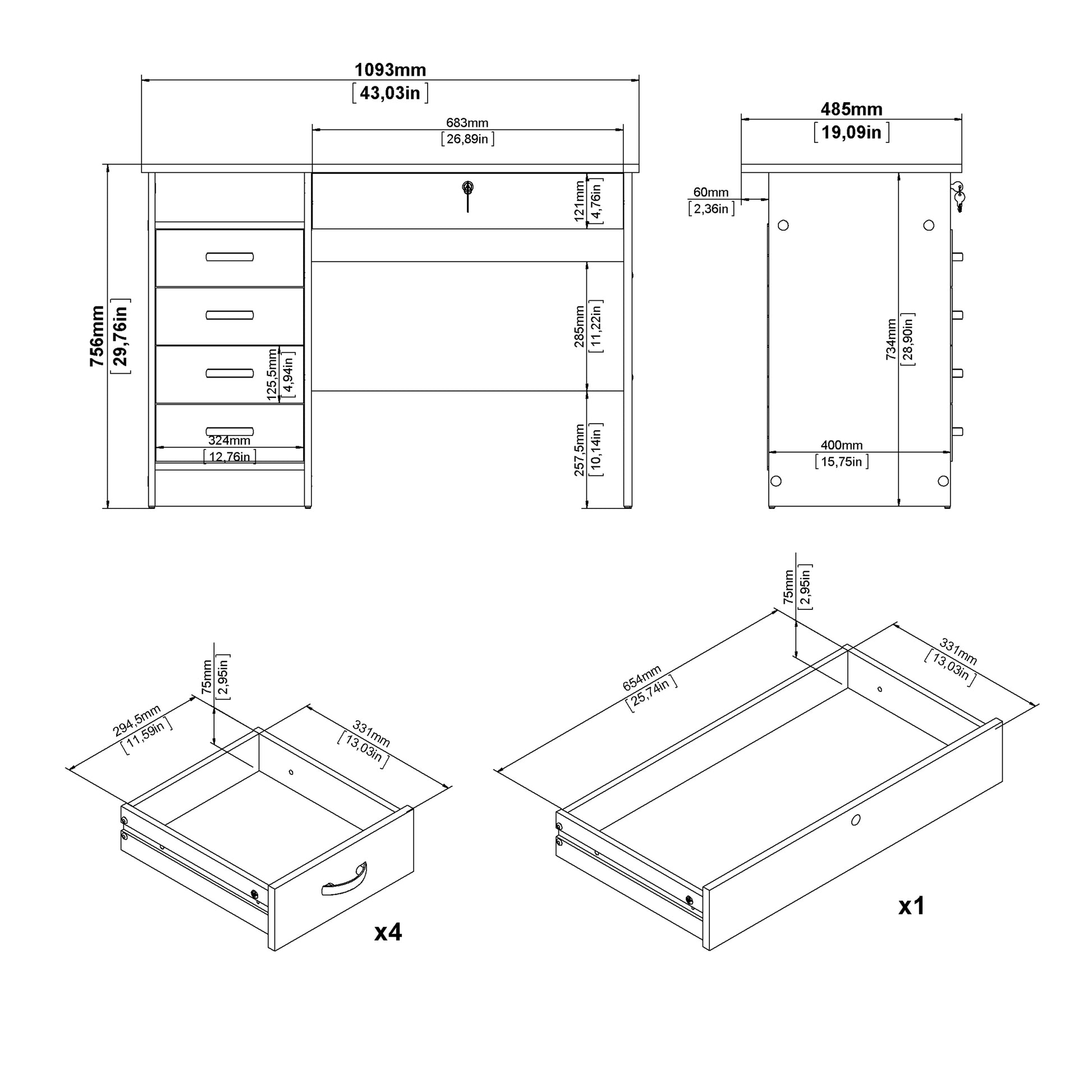 Function Plus Desk 5 Drawers in White