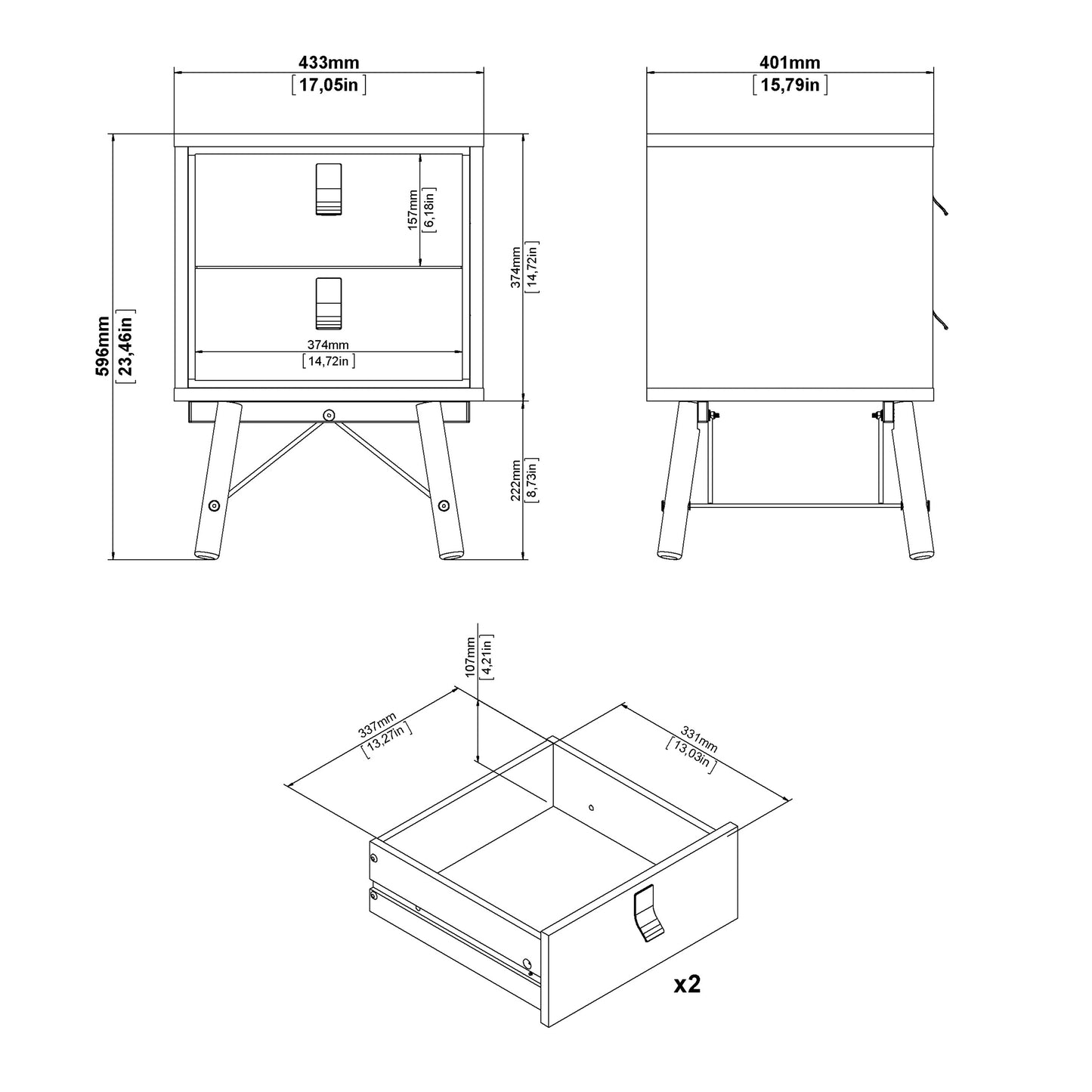 Ry Package - Wardrobe 3 Doors + 3 Drawers + Double chest 6 Drawers + Bedside Cabinet 2 Drawers in Matt Black Walnut