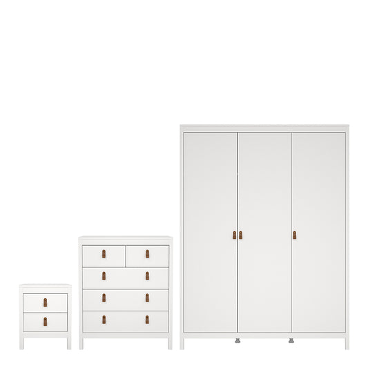 Barcelona Package - Bedside Table 2 Drawers + Chest 5 Drawers + Wardrobe with 3 Doors in White