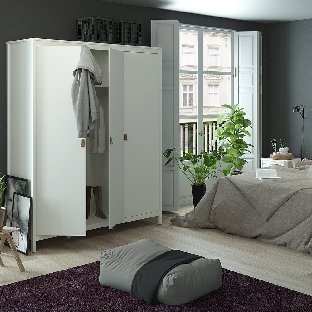 Barcelona Package - Bedside Table 2 Drawers + Chest 5 Drawers + Wardrobe with 3 Doors in White