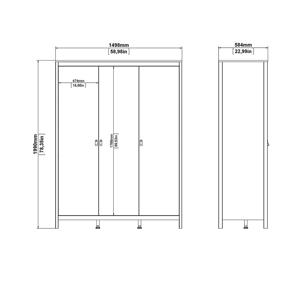 Barcelona Package - Bedside Table 2 Drawers + Chest 5 Drawers + Wardrobe with 3 Doors in White
