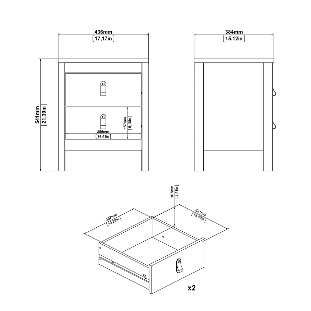 Barcelona Package - Bedside Table 2 Drawers + Chest 5 Drawers + Wardrobe with 3 Doors in White