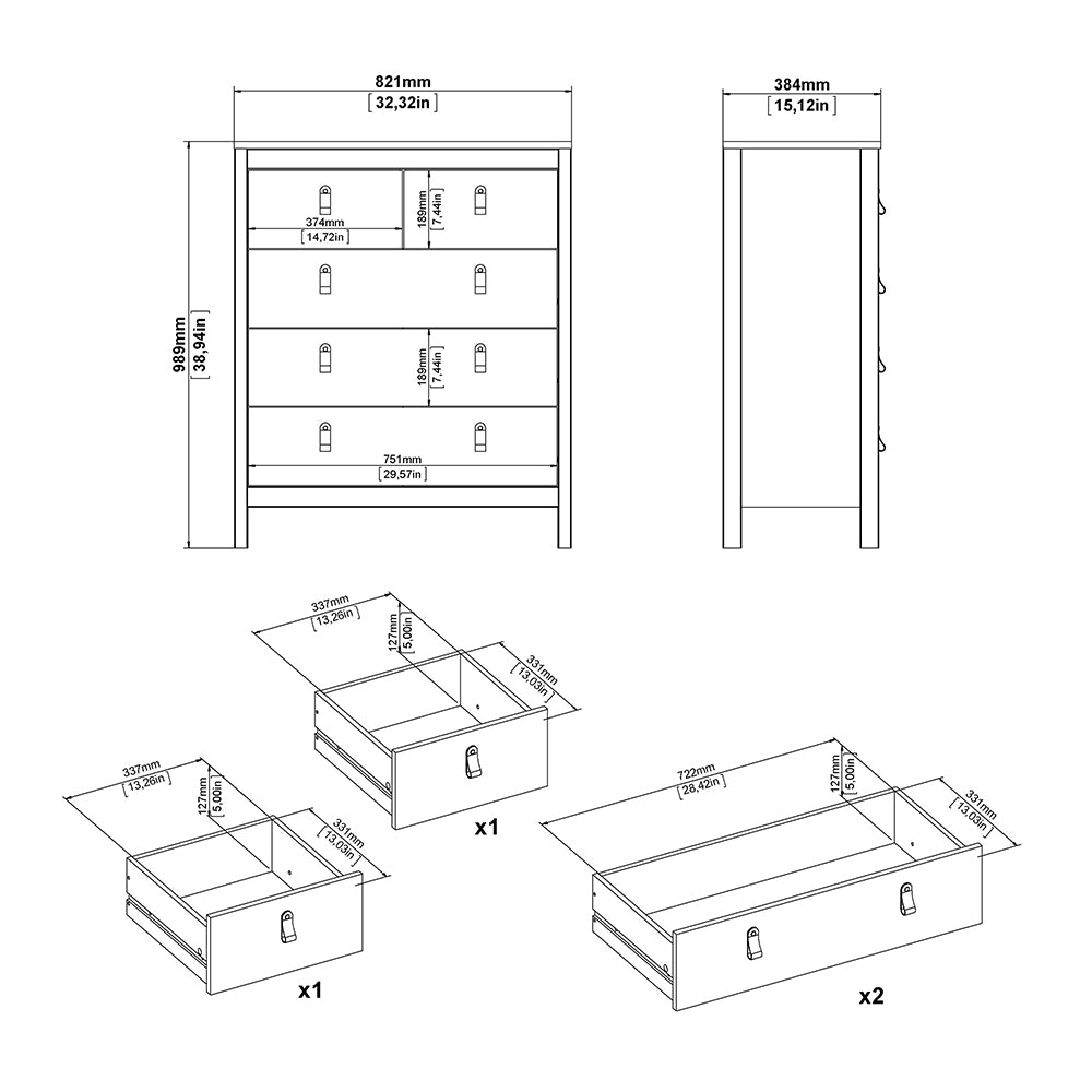 Barcelona Package - Bedside Table 2 Drawers + Chest 5 Drawers + Wardrobe with 3 Doors in White