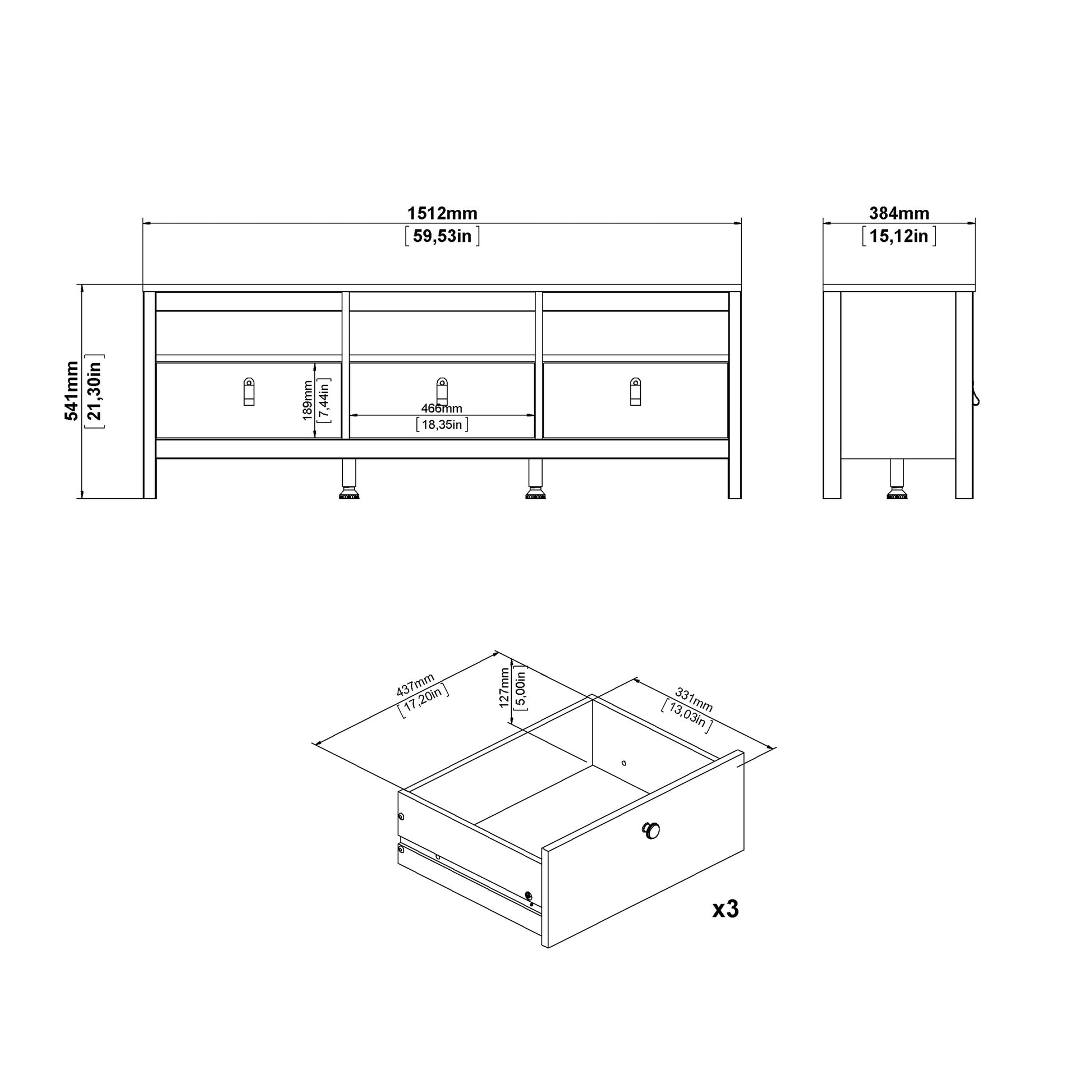 Barcelona Tv Unit 3 Drawers in White