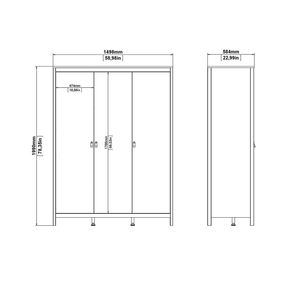 Barcelona Package - Bedside Table 2 Drawers + Chest 5 Drawers + Wardrobe with 3 Doors in Matt Black