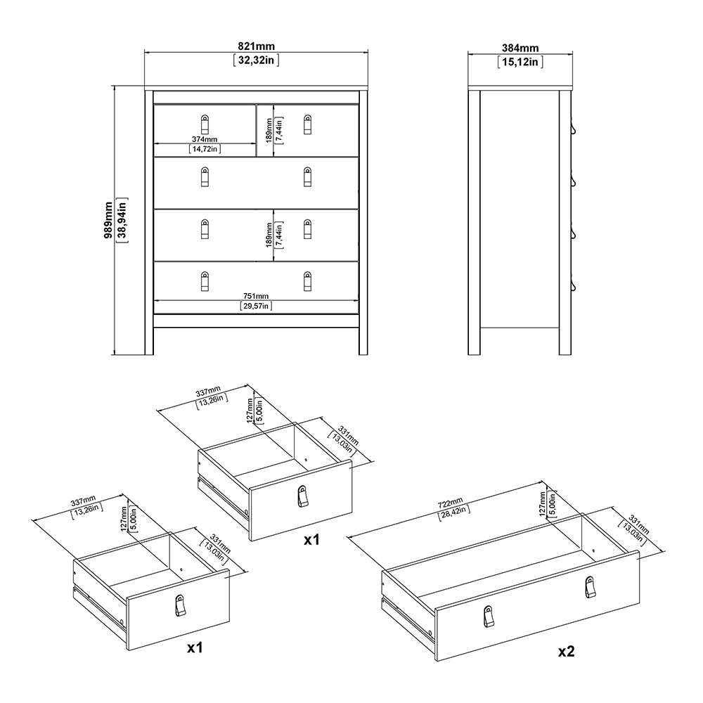 Barcelona Package - Bedside Table 2 Drawers + Chest 5 Drawers + Wardrobe with 3 Doors in Matt Black