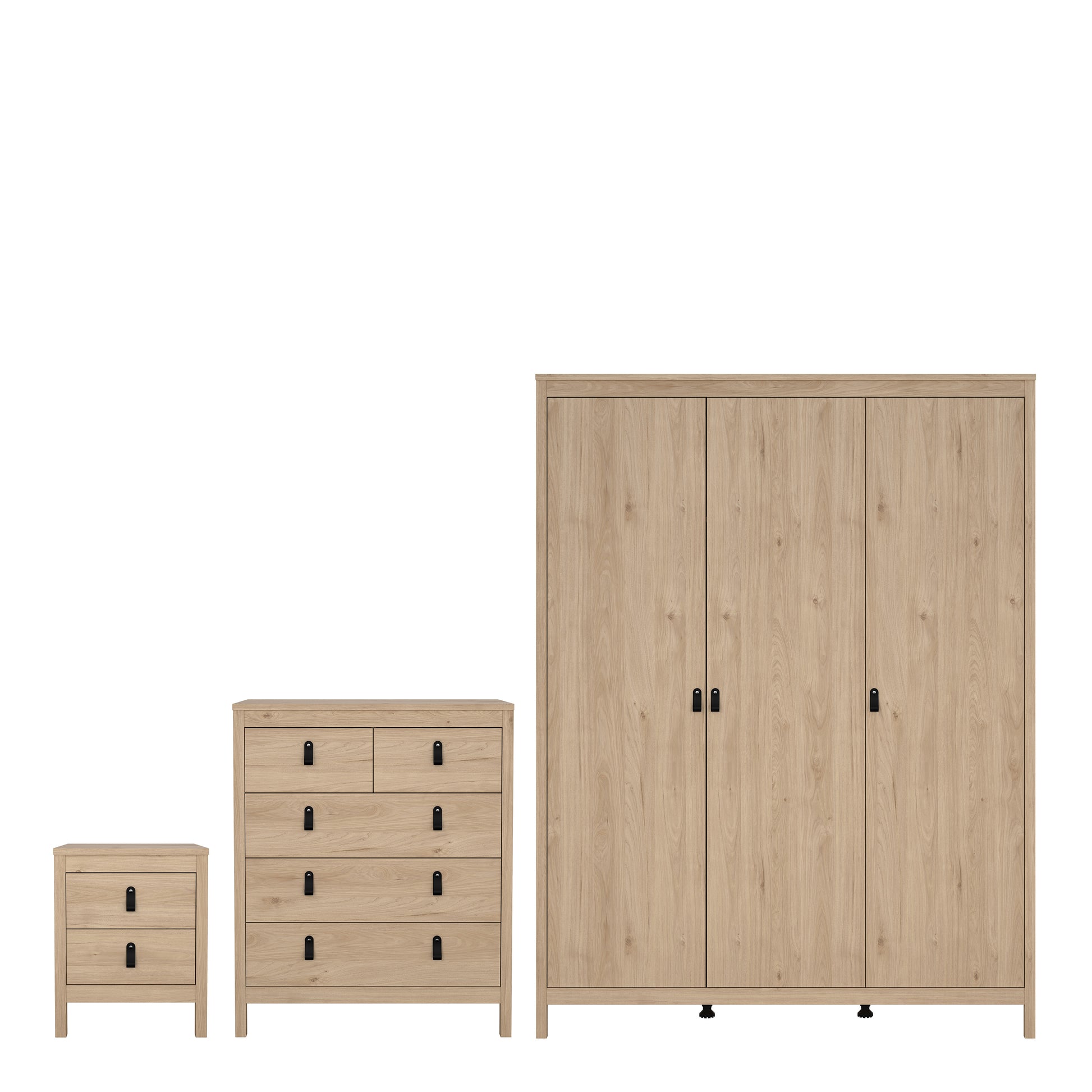 Barcelona Package - Bedside Table 2 Drawers + Chest 5 Drawers + 3 Door Wardrobe in Jackson Hickory Oak