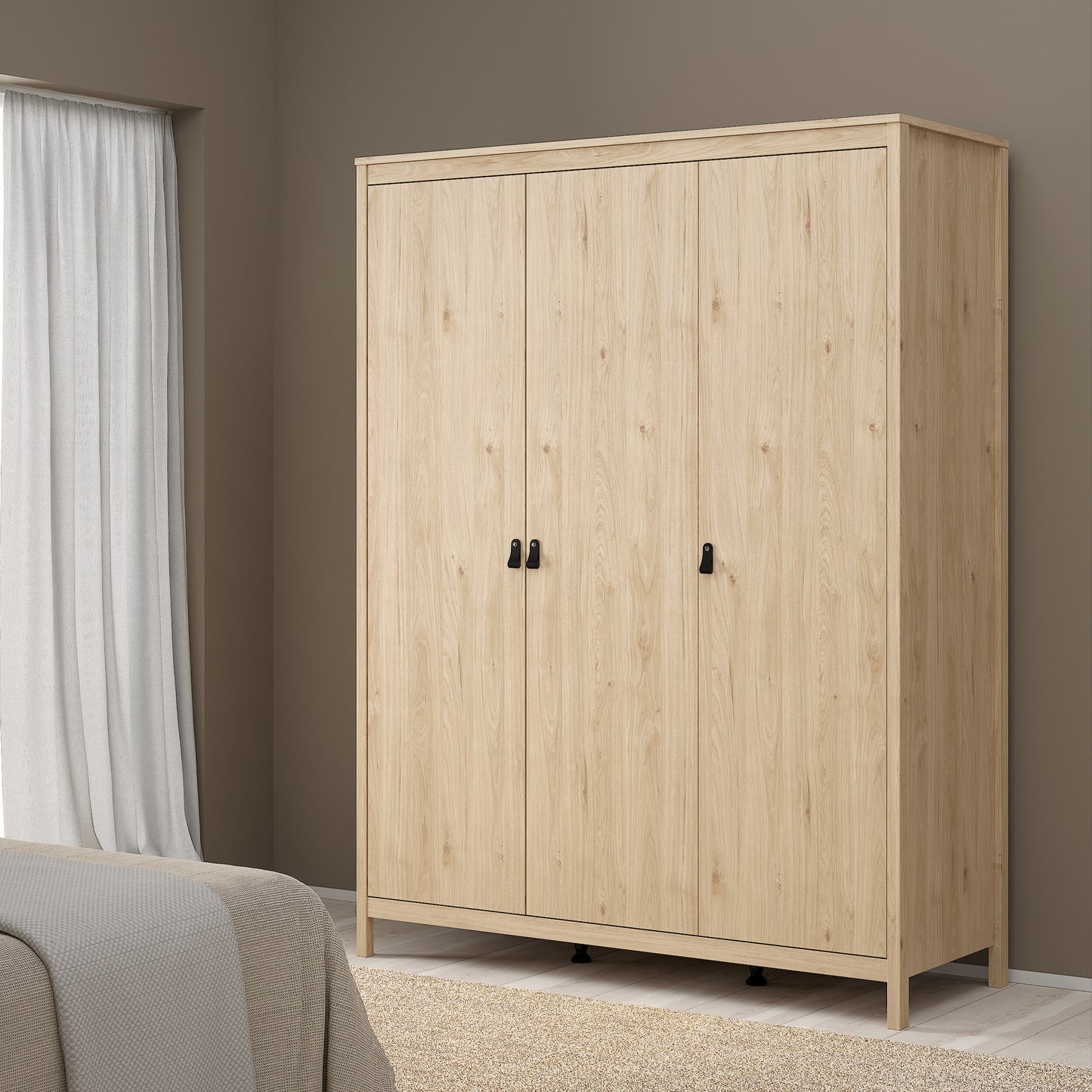 Barcelona Package - Bedside Table 2 Drawers + Chest 5 Drawers + 3 Door Wardrobe in Jackson Hickory Oak