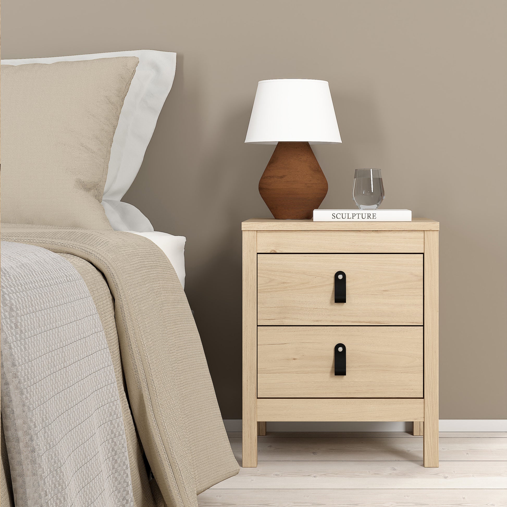 Barcelona Package - Bedside Table 2 Drawers + Chest 5 Drawers + 3 Door Wardrobe in Jackson Hickory Oak
