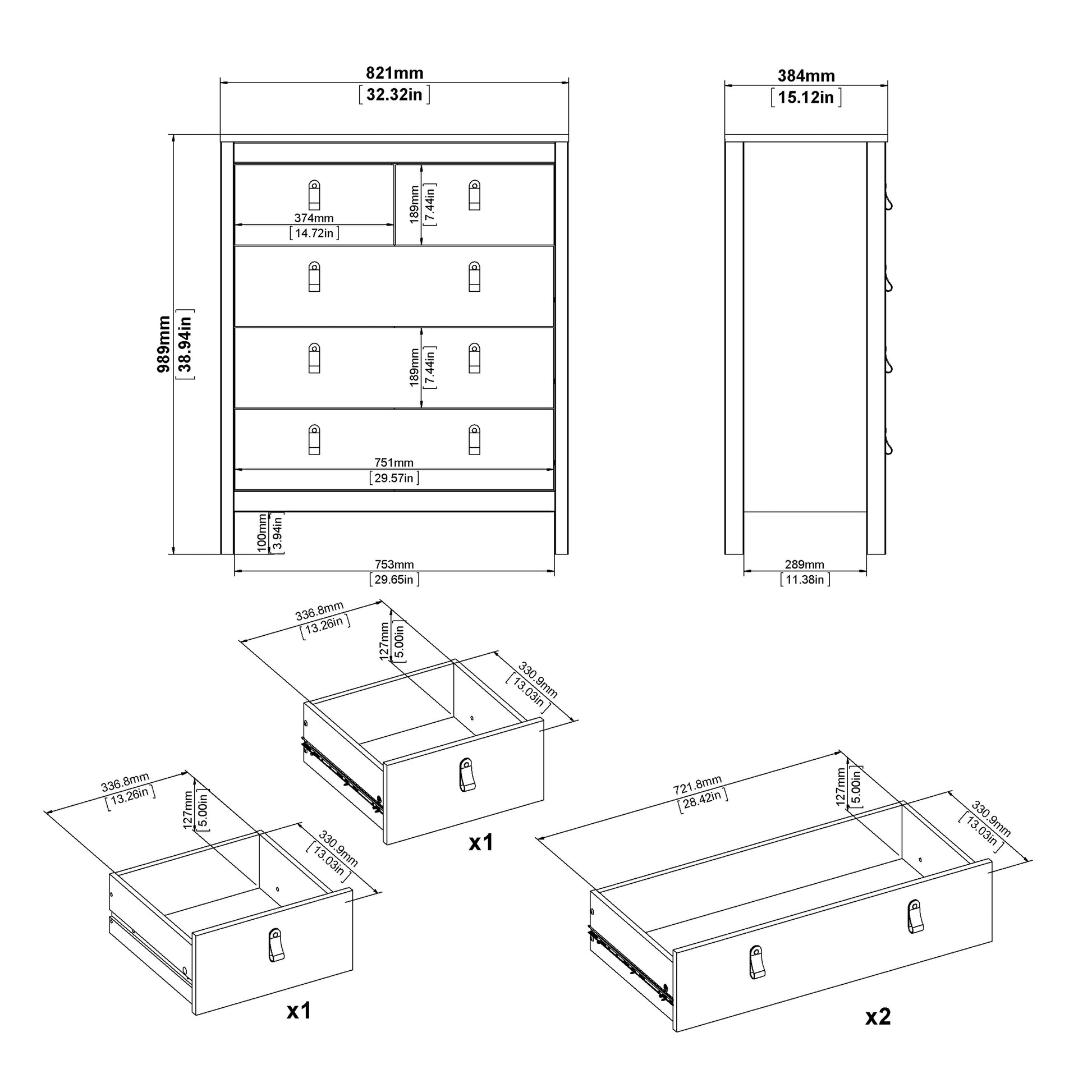 Madrid Package - Bedside Table 2 Drawers + Chest 5 Drawers + Wardrobe with 3 Doors in White