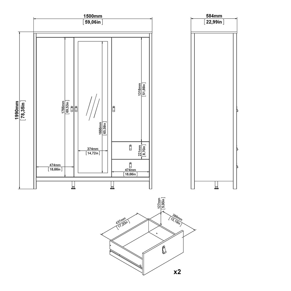 Madrid  Wardrobe with 2 Doors 1 Mirror Door 2 Drawers White