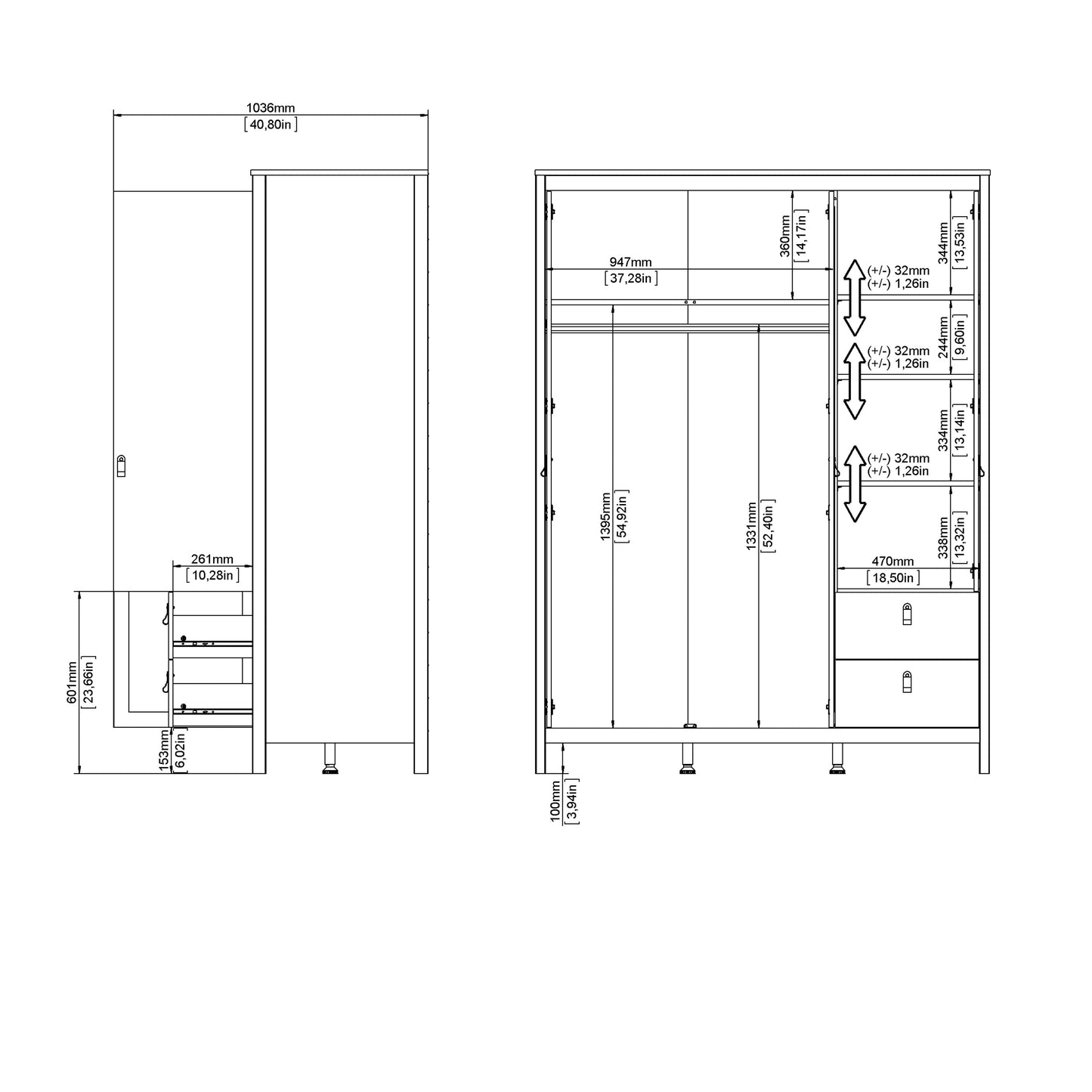 Madrid  Wardrobe with 2 Doors 1 Mirror Door 2 Drawers Matt Black