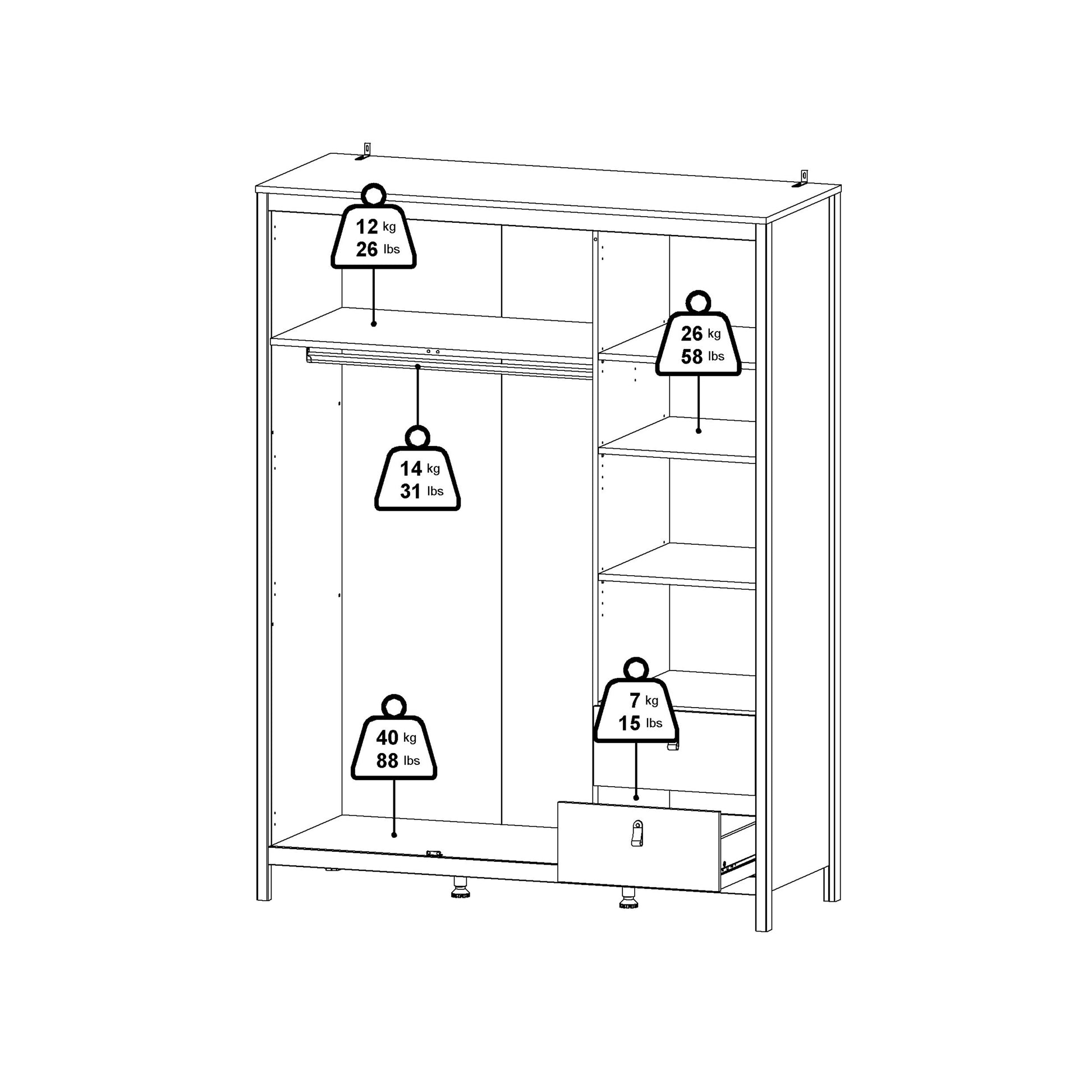Madrid Wardrobe with 2 Doors + 1 Mirror Door + 2 Drawers in Cashmere