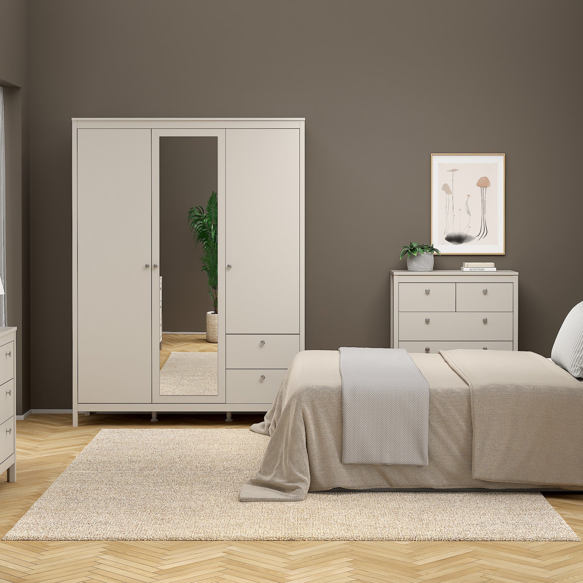 Madrid Wardrobe with 2 Doors + 1 Mirror Door + 2 Drawers in Cashmere