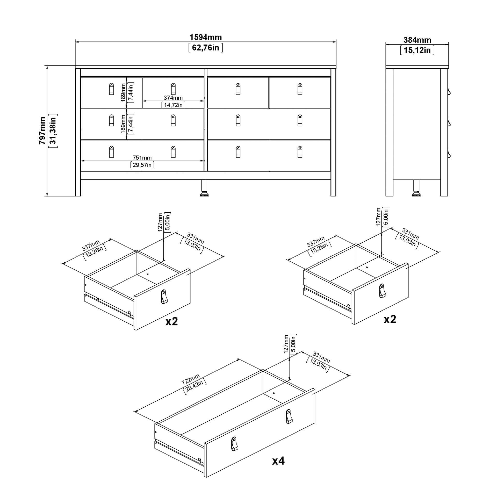 Madrid Double Dresser 4+4 Drawers in Jackson Hickory Oak