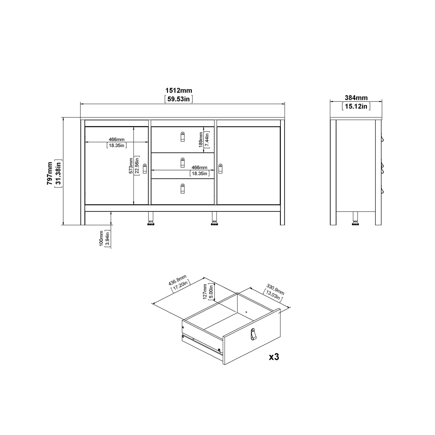 Madrid Sideboard 2 Doors + 3 Drawers in Jackson Hickory Oak