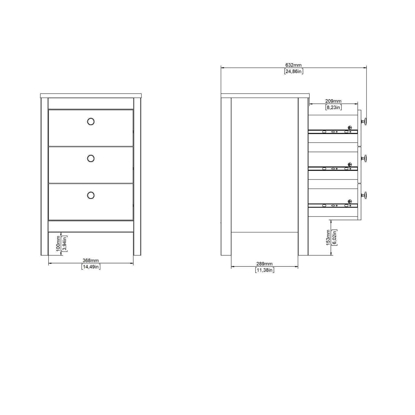 Madrid Bedside Table 3 Drawers in Cashmere