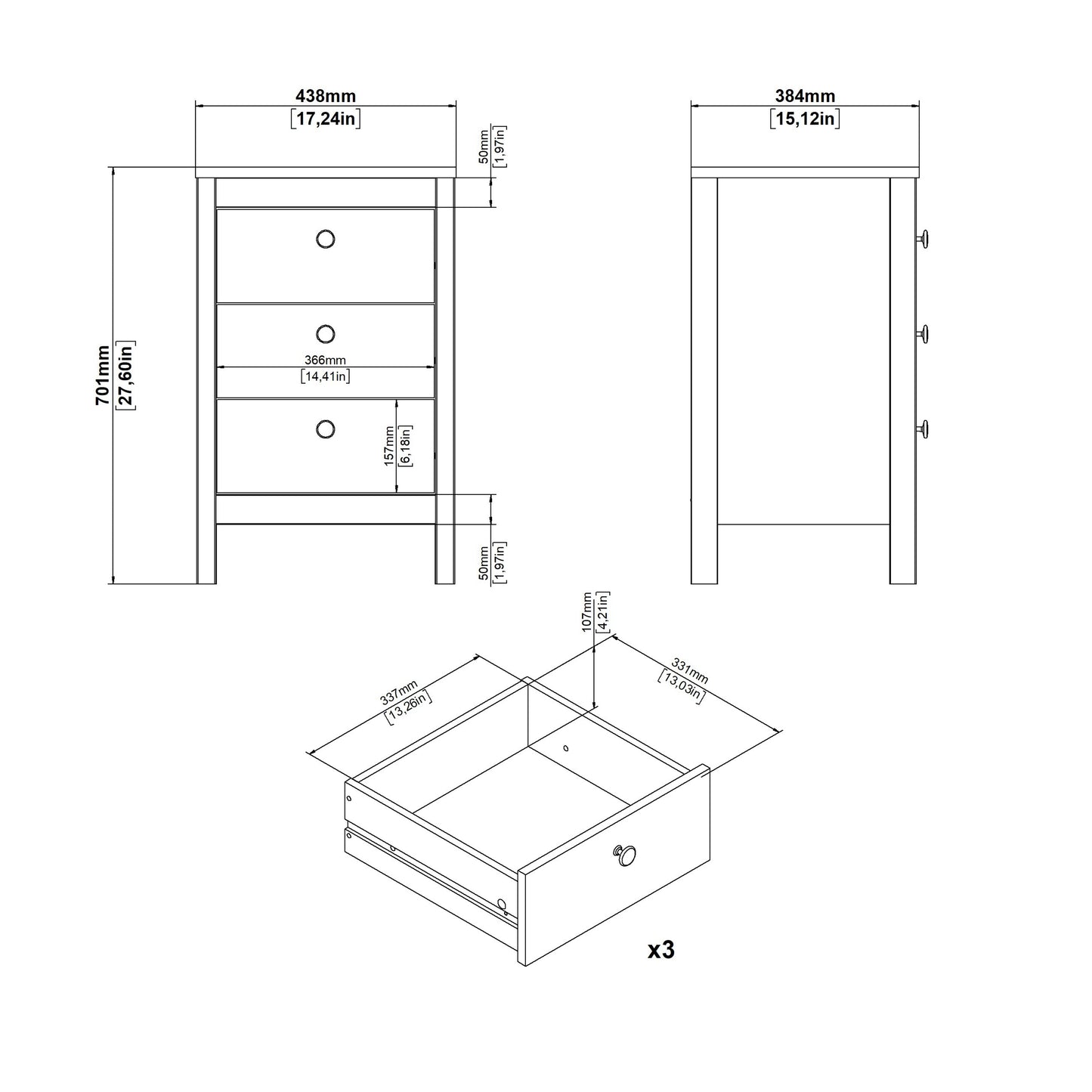 Madrid Bedside Table 3 Drawers in Cashmere