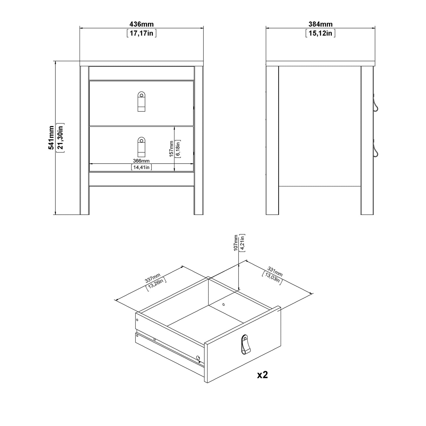 Madrid Package - Bedside Table 2 Drawers + Chest 5 Drawers + Wardrobe with 3 Doors in Matt Black
