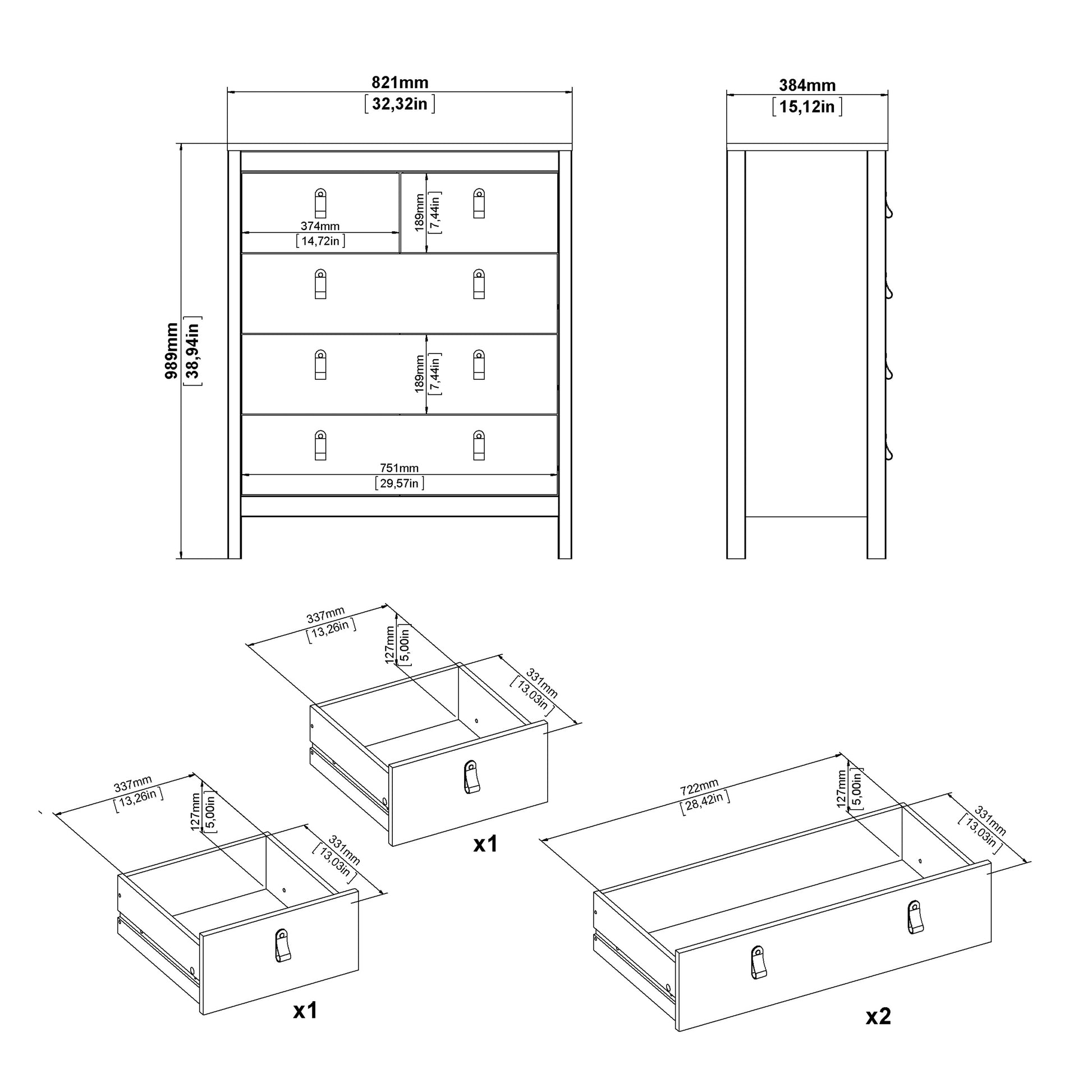 Madrid Package - Bedside Table 2 Drawers + Chest 5 Drawers + Wardrobe with 3 Doors in Matt Black