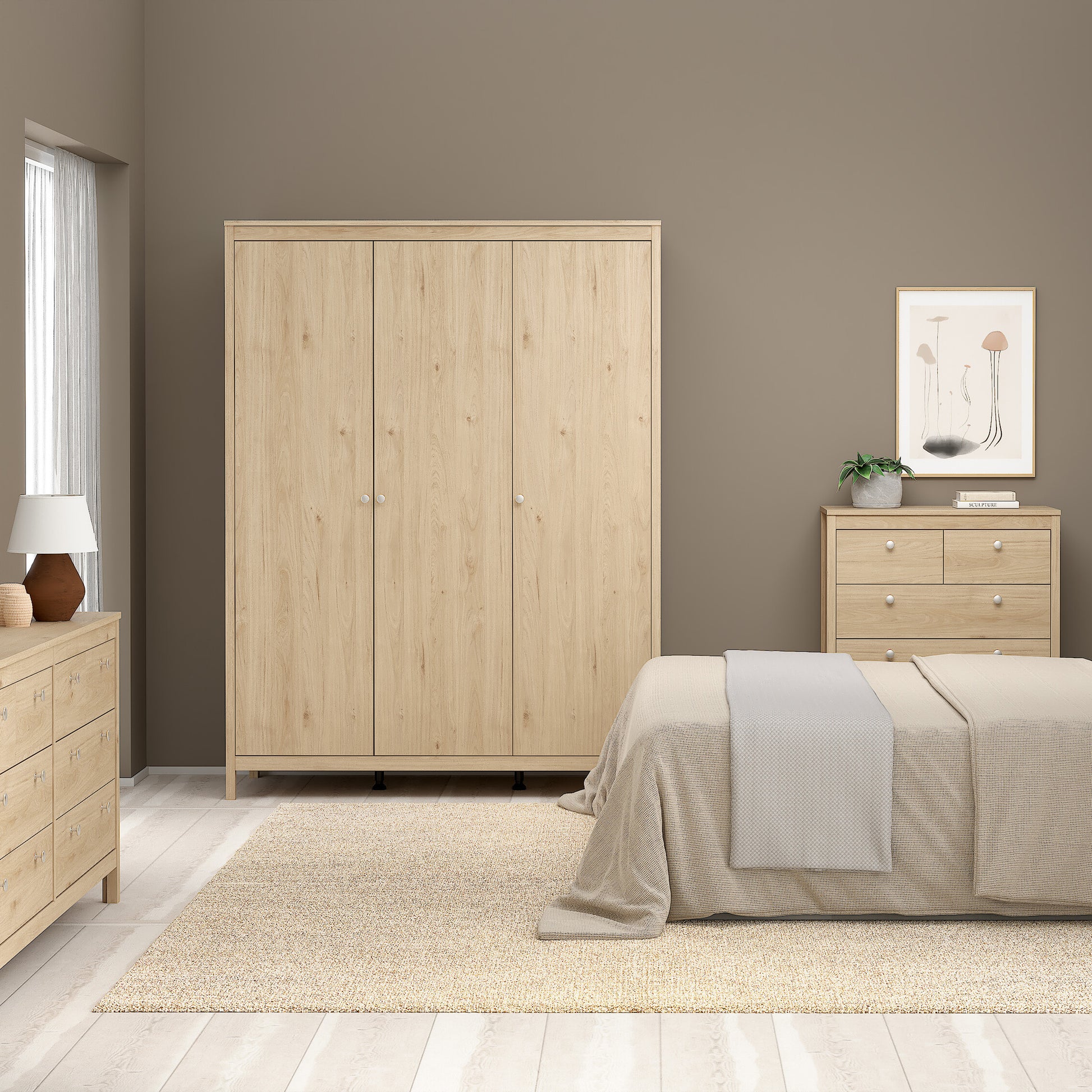 Madrid Package - Bedside Table 2 Drawers + Chest 5 Drawers + 3 Door Wardrobe in Jackson Hickory Oak