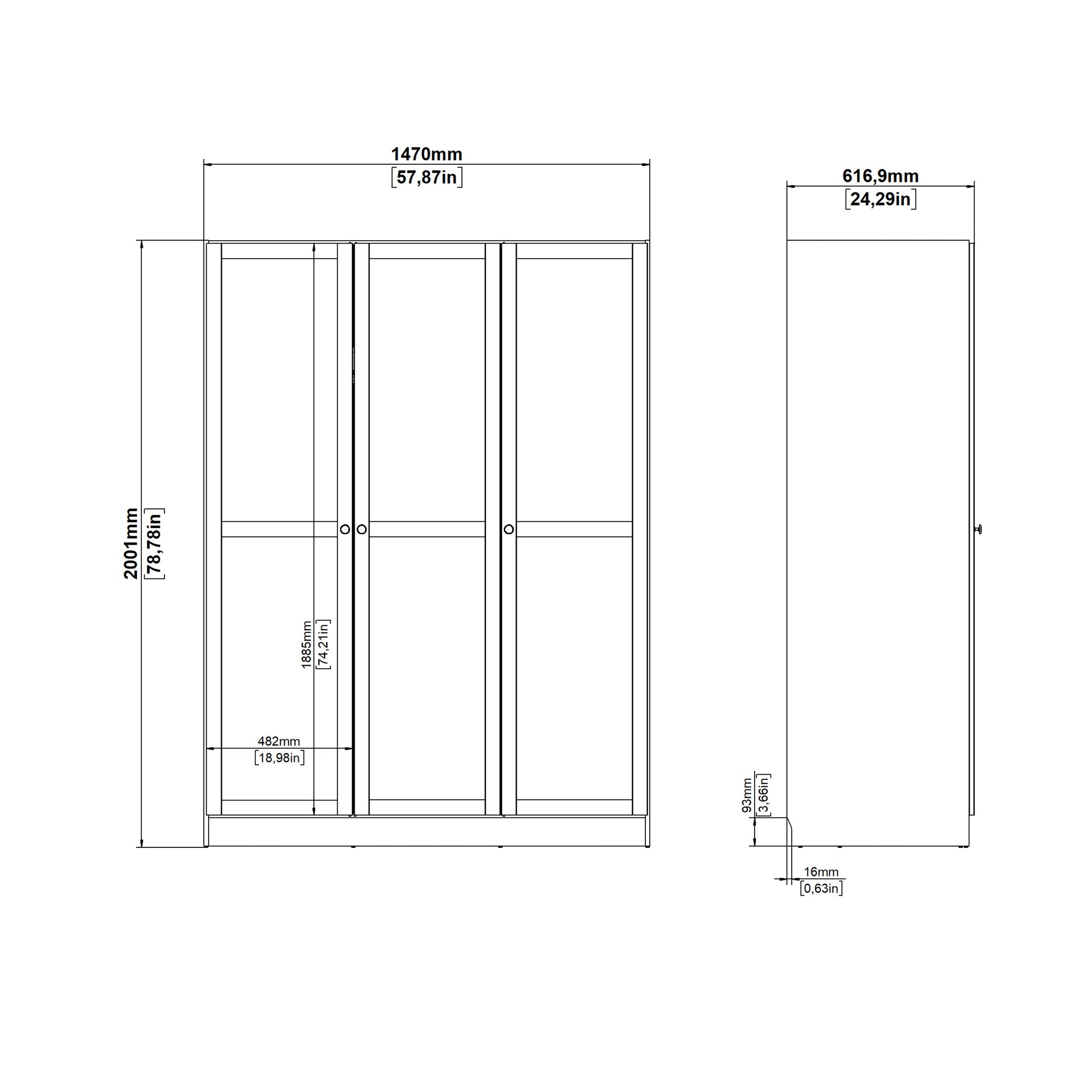 Brande Wardrobe with 3 Frame Doors in Jackson Hickory Oak
