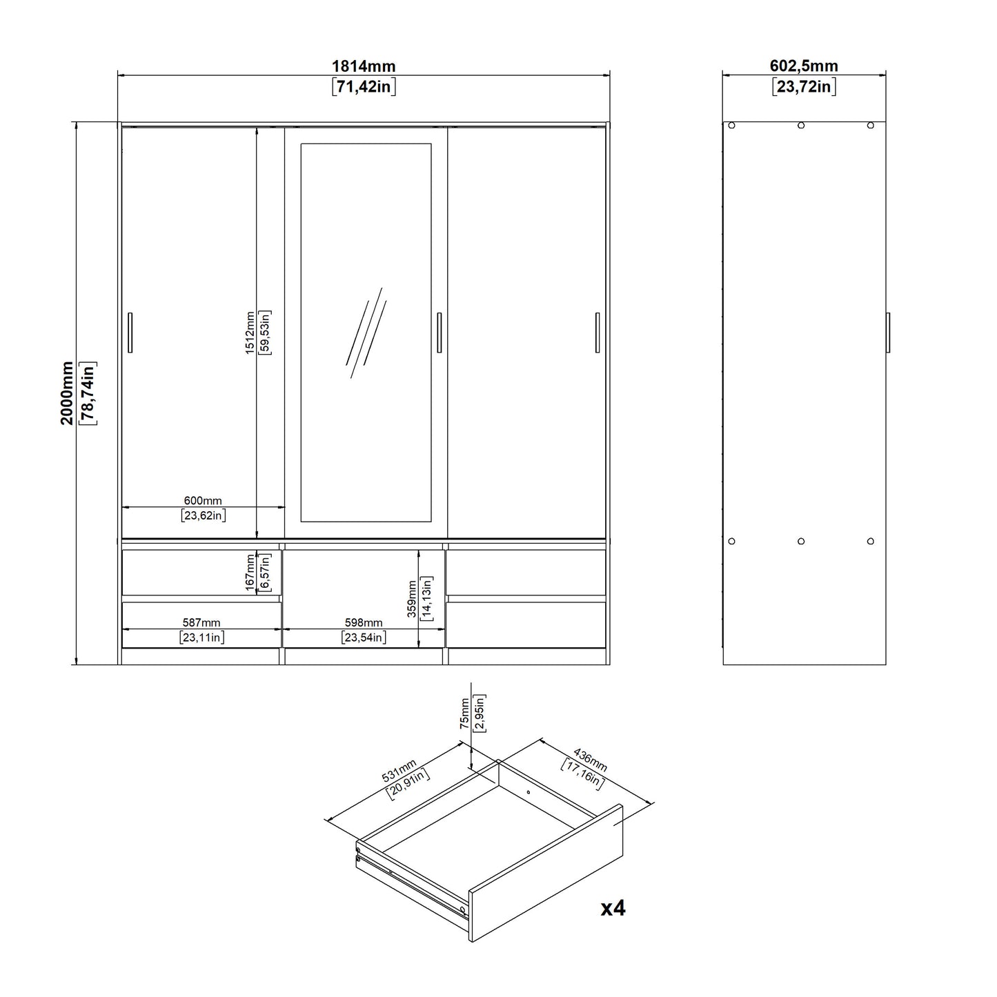 Line Wardrobe with 2 Sliding Doors 1 Sliding Door with Mirror in Jackson Hickory Oak