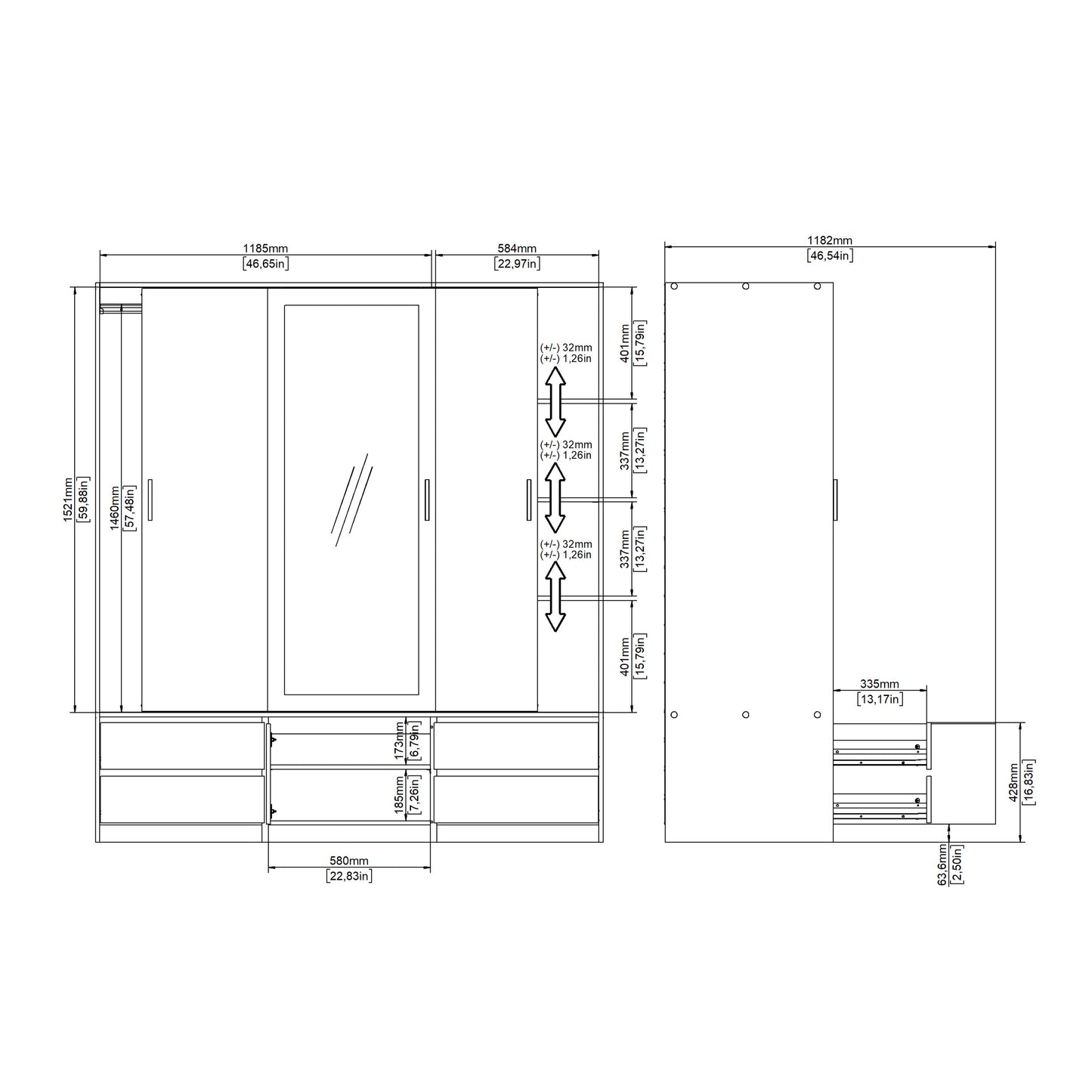 Line Wardrobe with 2 Sliding Doors 1 Sliding Door with Mirror in Jackson Hickory Oak