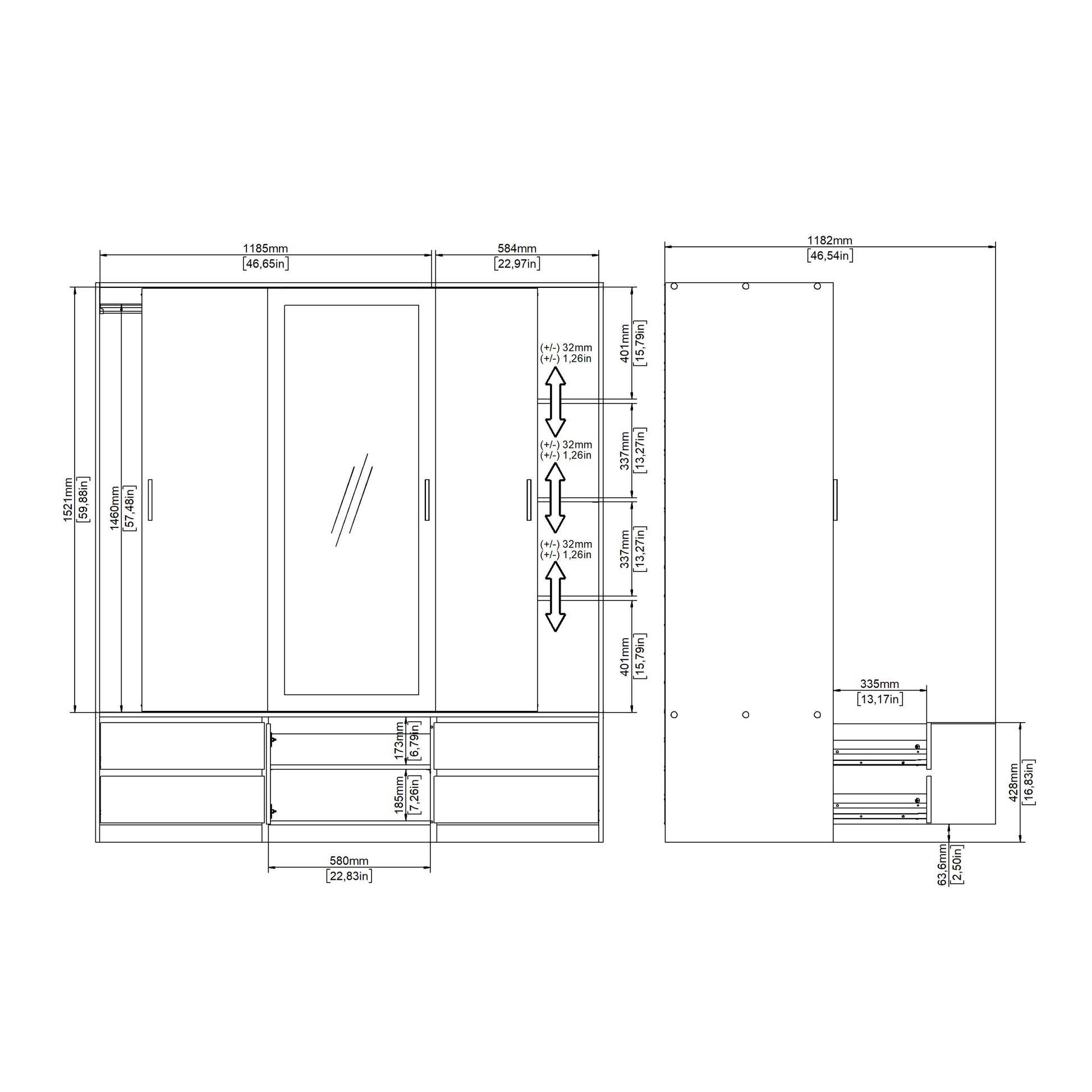 Line Wardrobe with 2 Sliding Doors 1 Sliding Door with Mirror in Jackson Hickory Oak