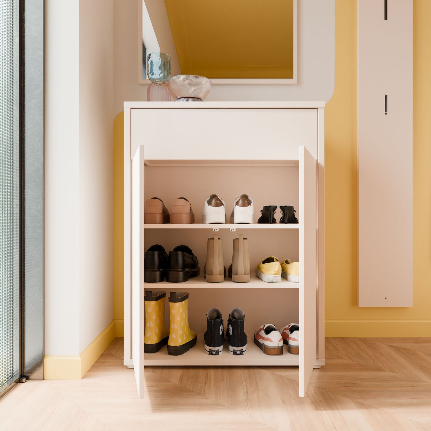 Alice Springs Compact Shoe Cabinet with 2 Doors Push-to-Open & 1 Drawer Push-to-Open in Sand